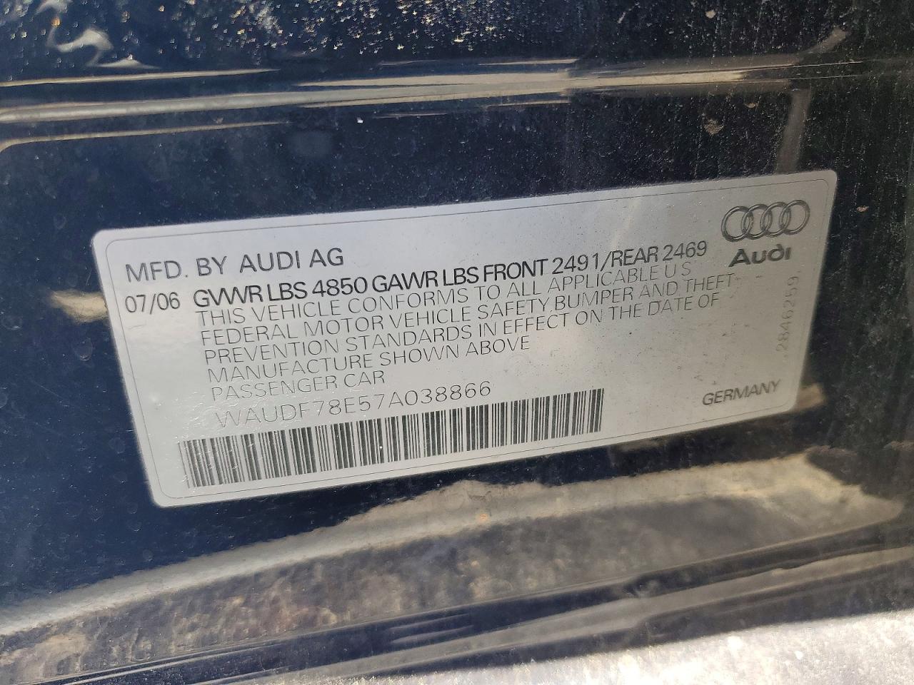 2007 Audi A4 2.0t Quattro Blue vin: WAUDF78E57A038866
