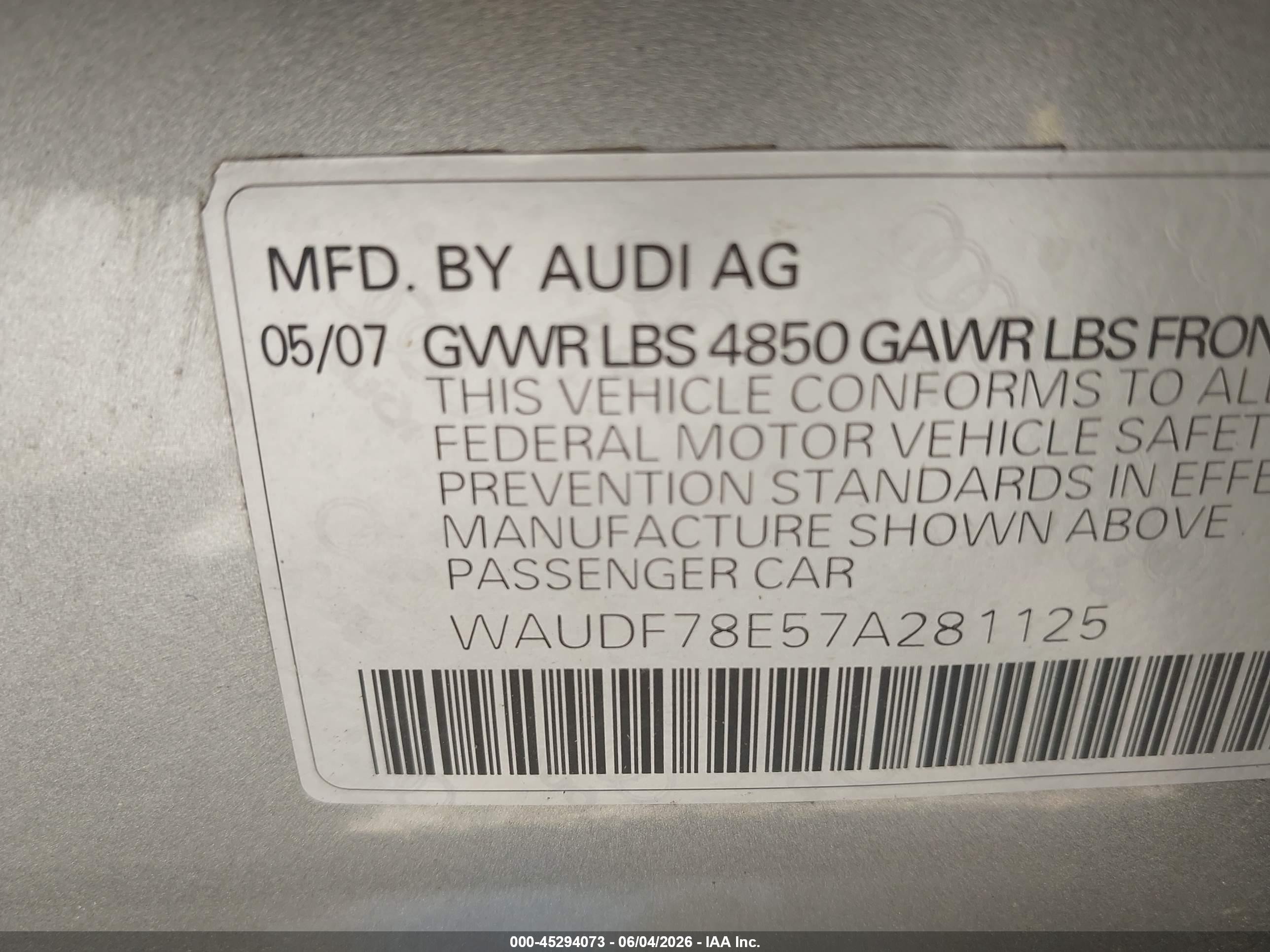 2007 Audi A4 2.0t Серый vin: WAUDF78E57A281125