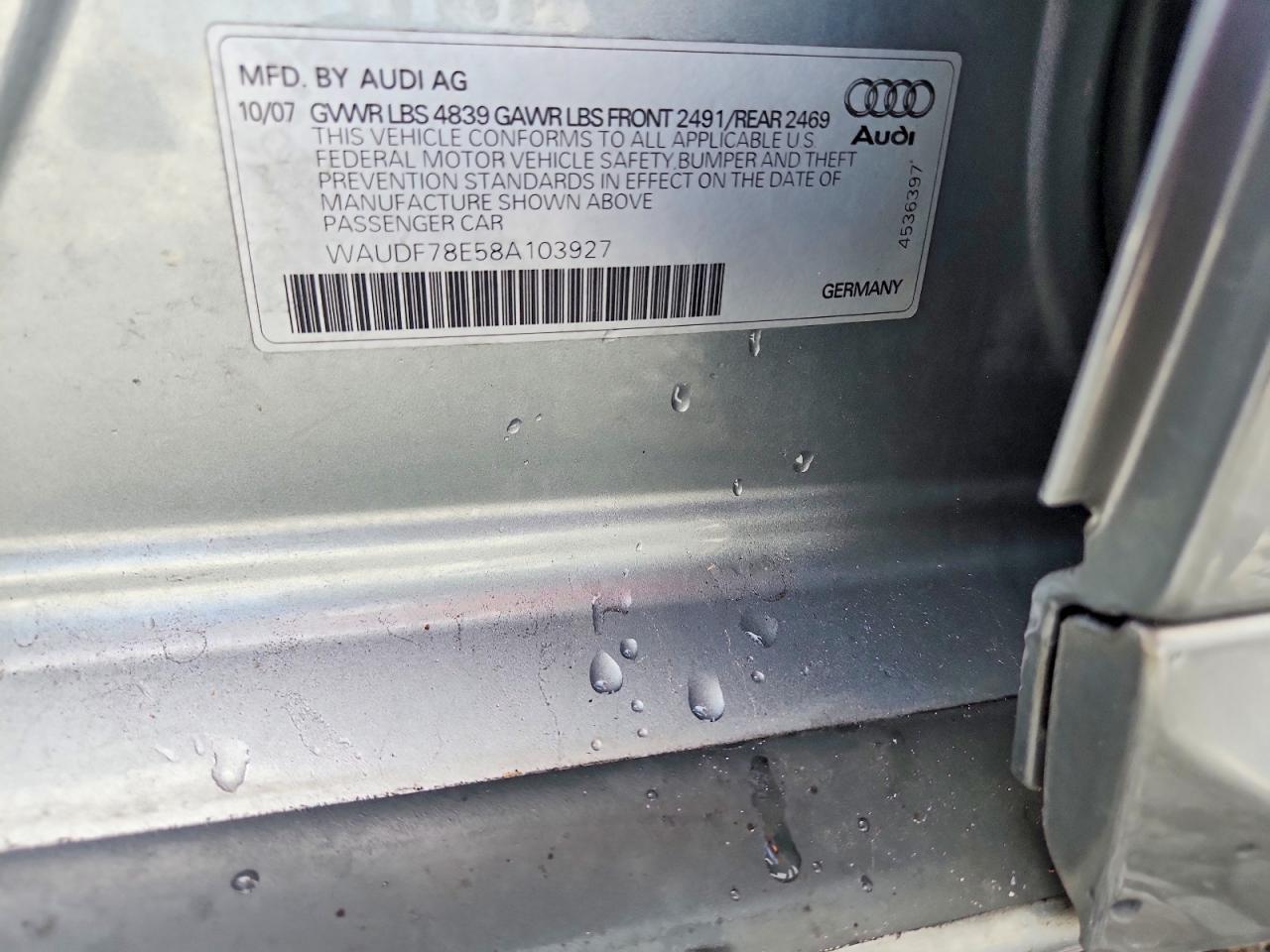 2008 Audi A4 2.0t Quattro Серебряный vin: WAUDF78E58A103927