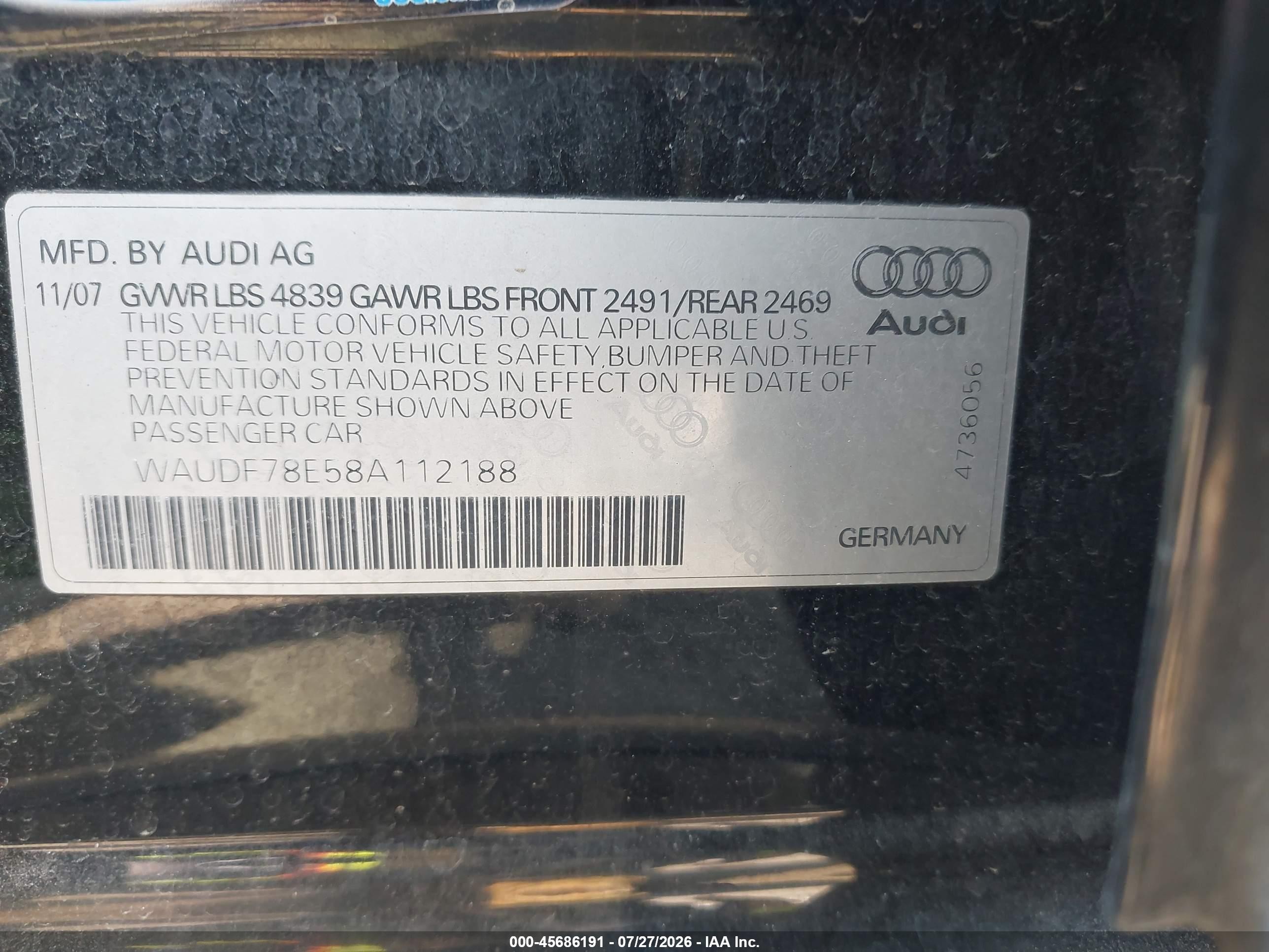 2008 Audi A4 2.0t Black vin: WAUDF78E58A112188