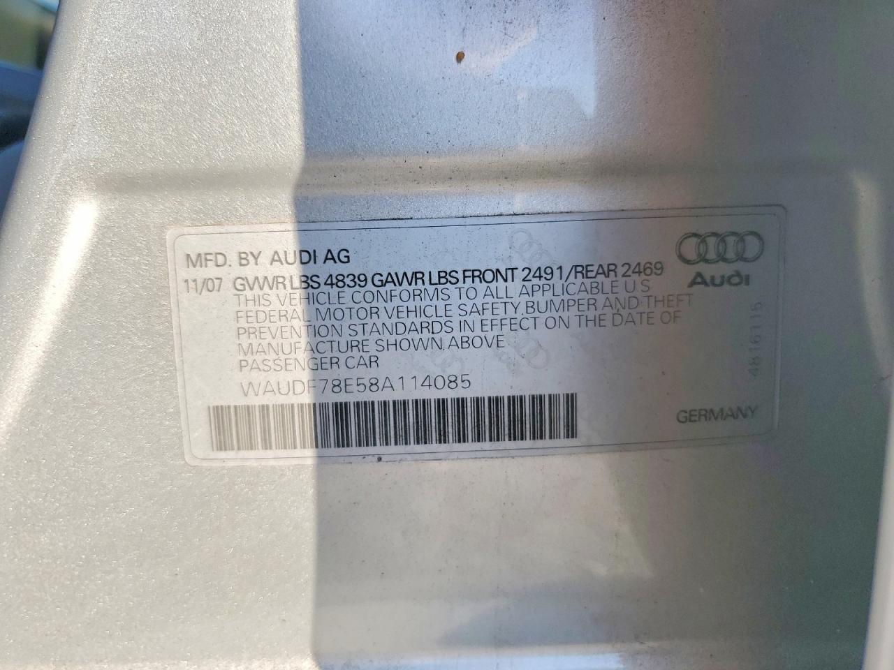 2008 Audi A4 2.0t Quattro Silver vin: WAUDF78E58A114085