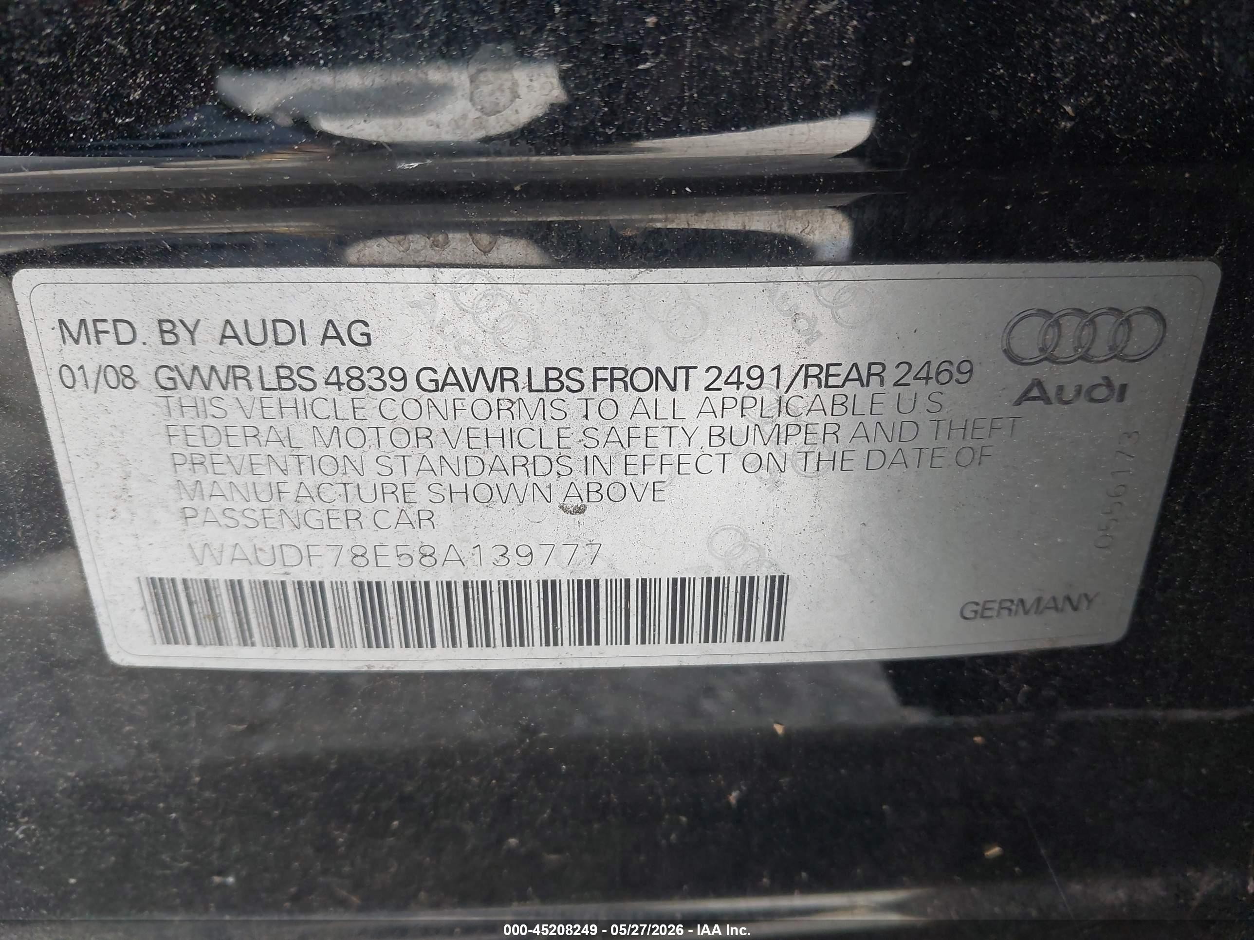 2008 Audi A4 2.0t/2.0t Special Edition Black vin: WAUDF78E58A139777