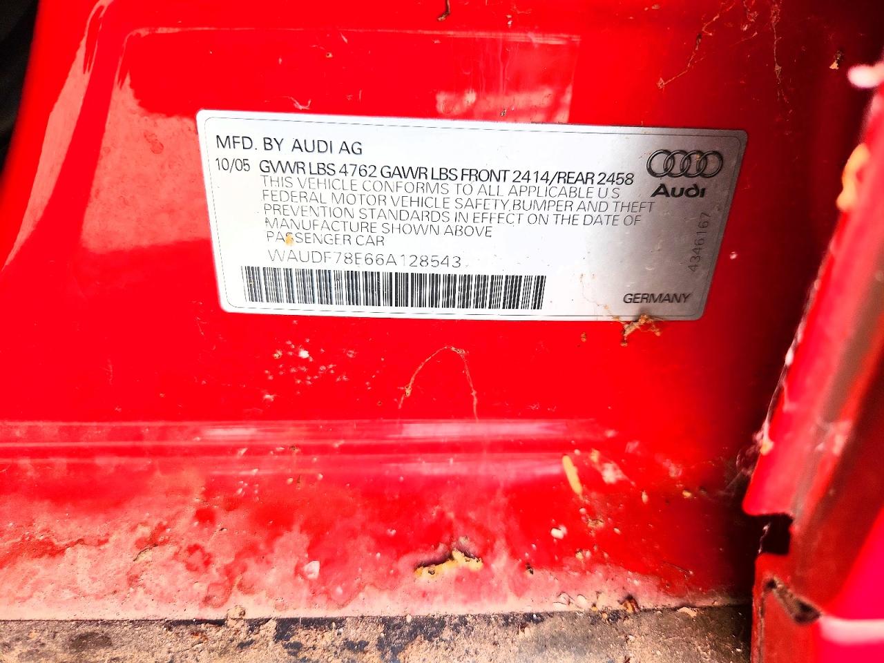 2006 Audi A4 2.0t Quattro Red vin: WAUDF78E66A128543