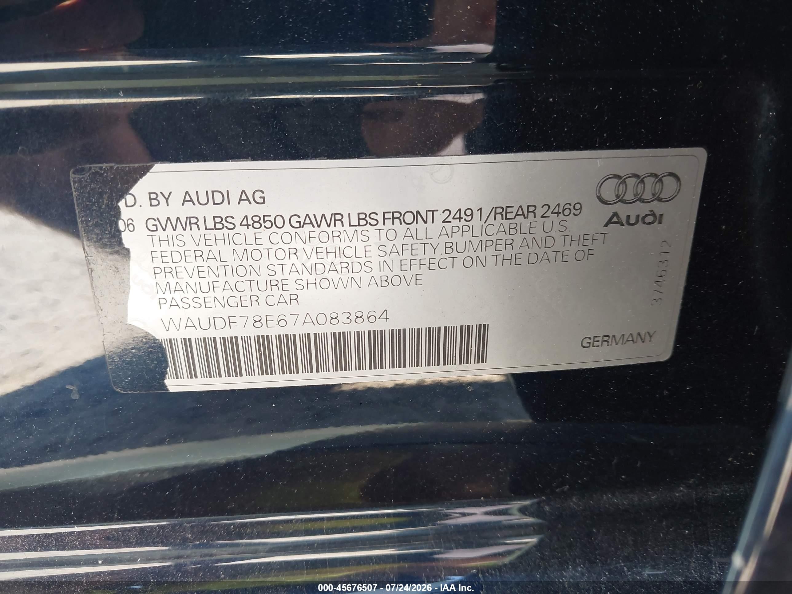 2007 Audi A4 2.0t Dark Blue vin: WAUDF78E67A083864