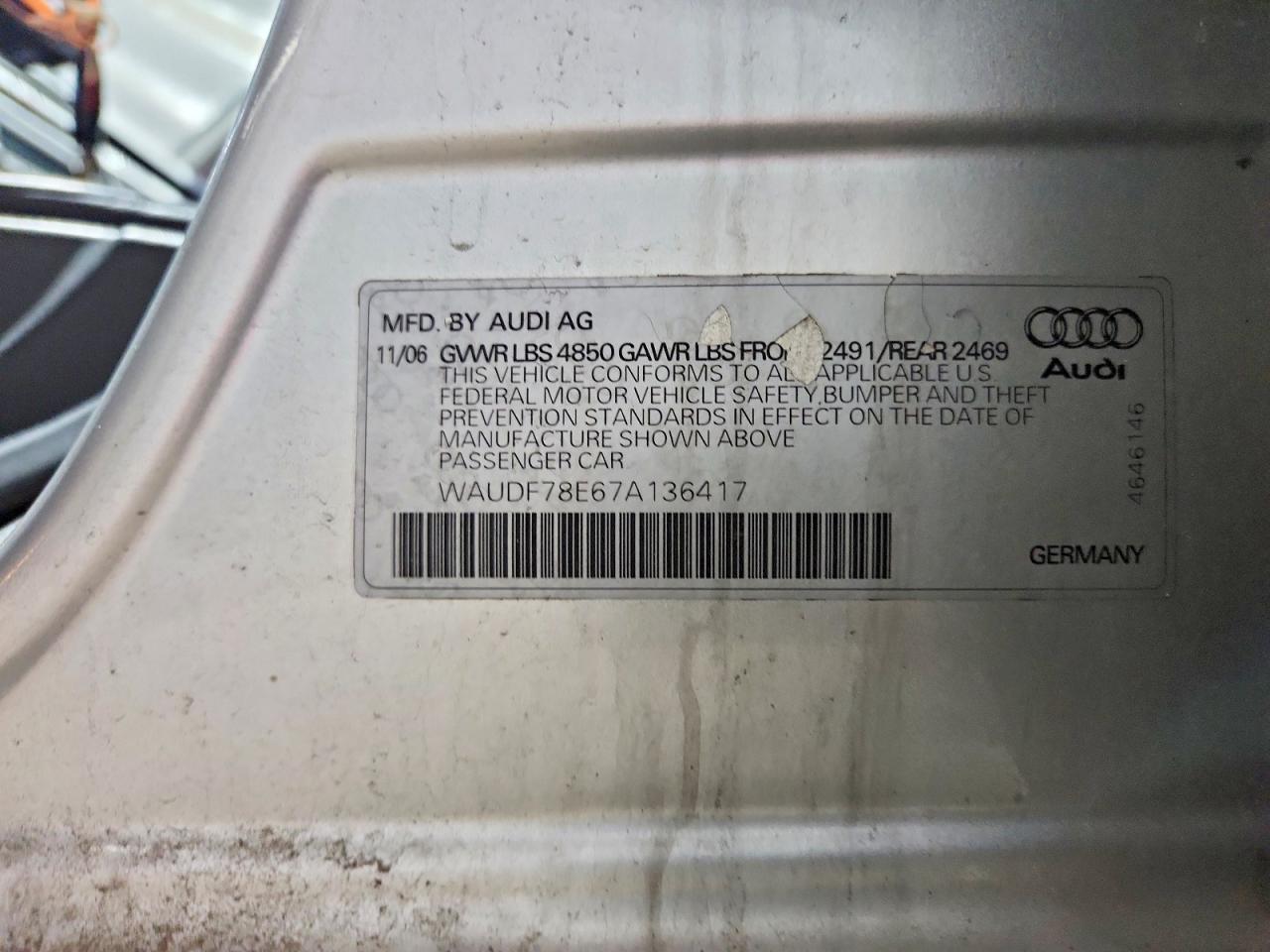 2007 Audi A4 2.0t Quattro Silver vin: WAUDF78E67A136417