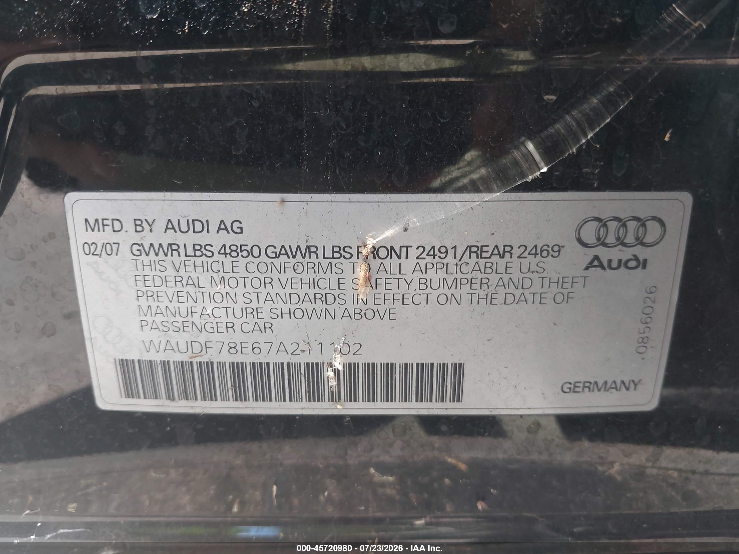 2007 Audi A4 2.0t Черный vin: WAUDF78E67A211102