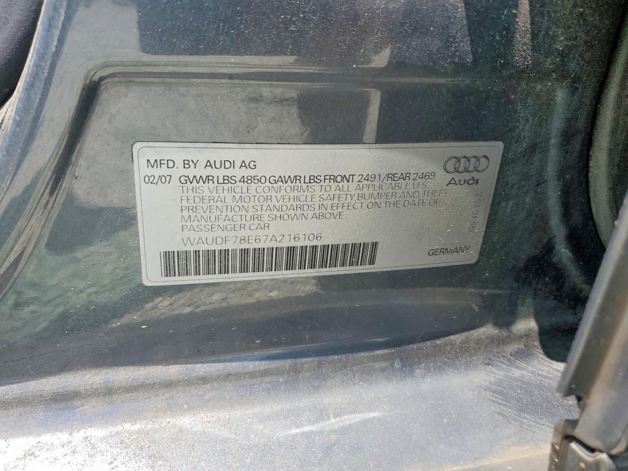2007 Audi A4 2.0t Quattro Gray vin: WAUDF78E67A216106