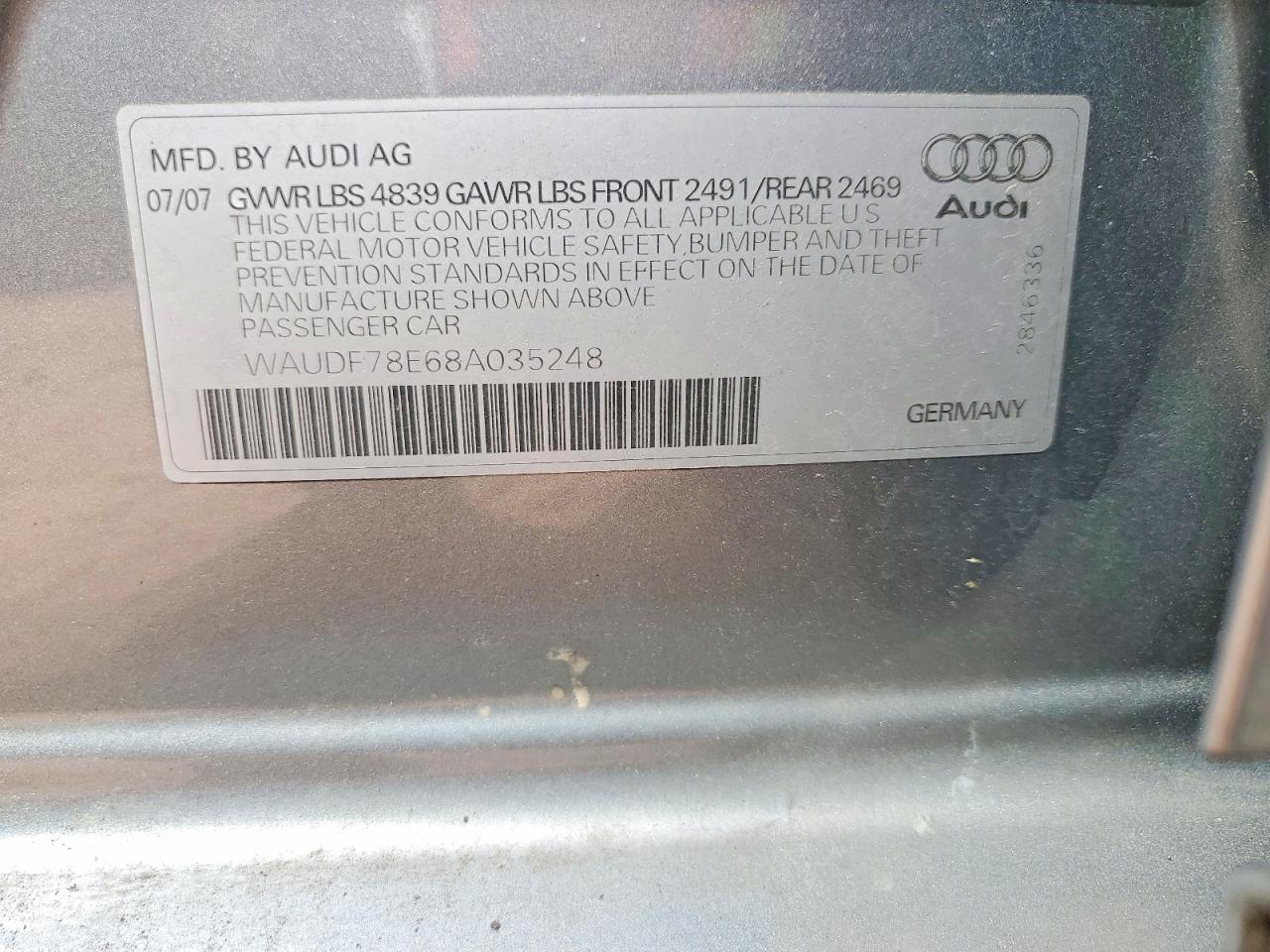 2008 Audi A4 2.0t Quattro Silver vin: WAUDF78E68A035248