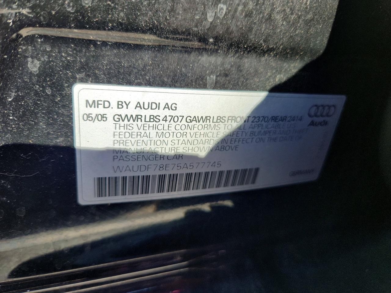 2005 Audi A4 2.0t Quattro Черный vin: WAUDF78E75A577745