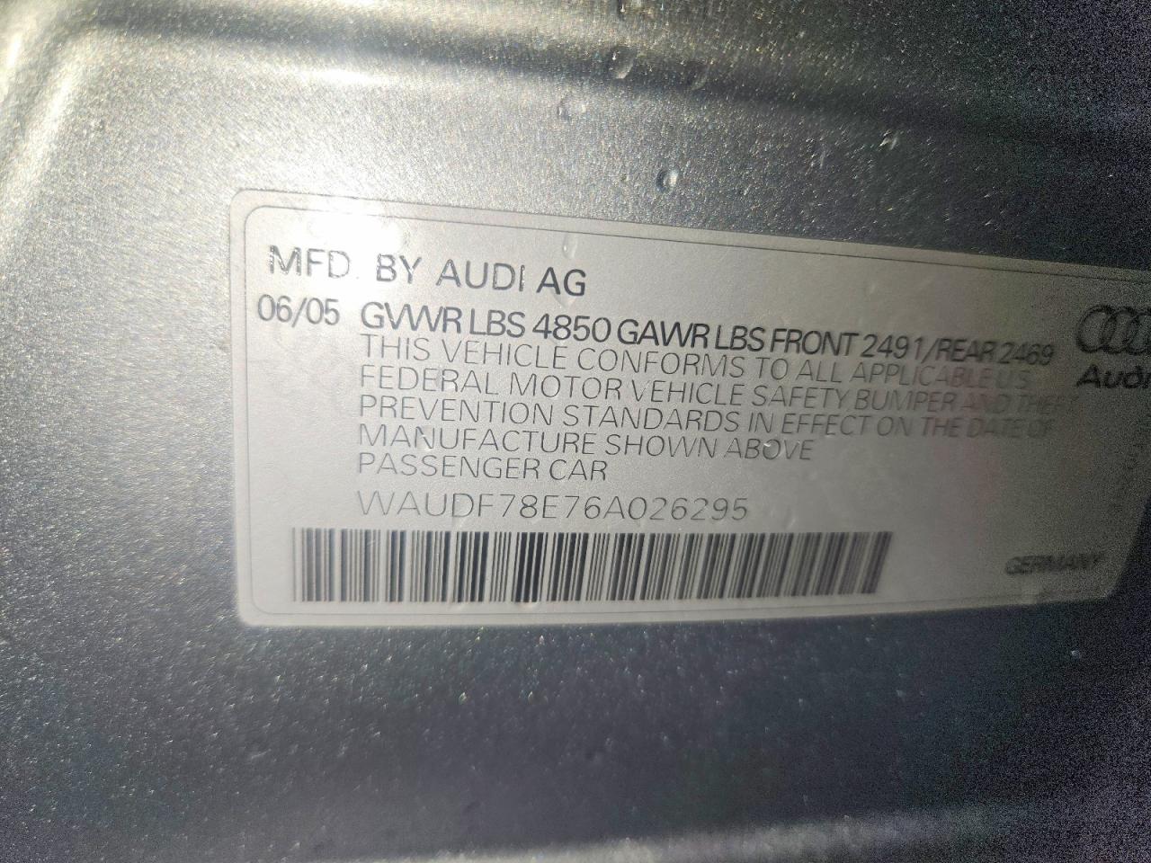 2006 Audi A4 2.0t Quattro Silver vin: WAUDF78E76A026295