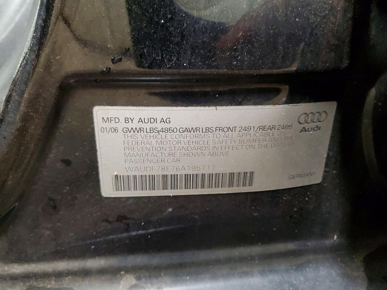 2006 Audi A4 2.0t Quattro Black vin: WAUDF78E76A195717