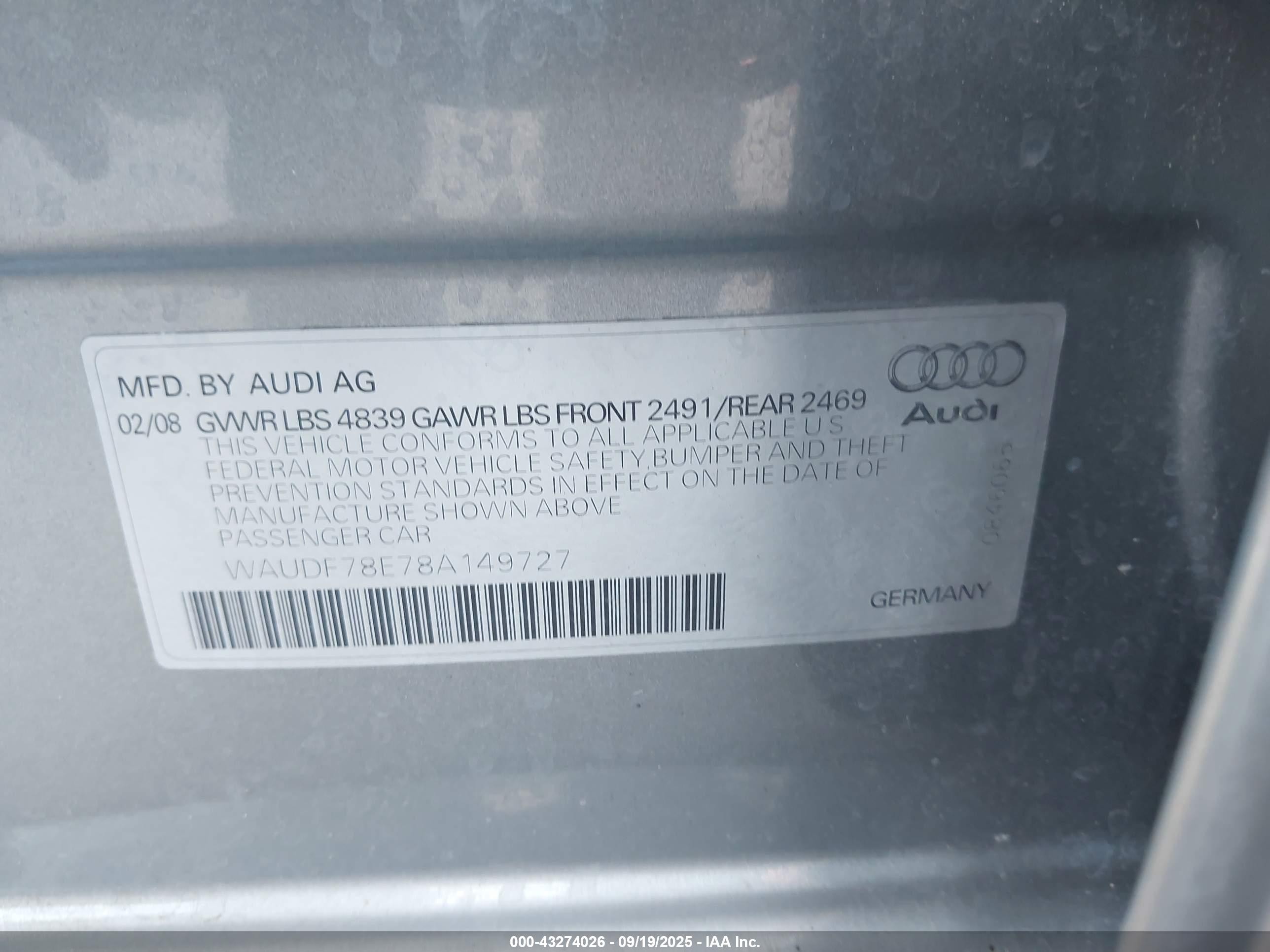 2008 Audi A4 2.0t/2.0t Special Edition Silver vin: WAUDF78E78A149727