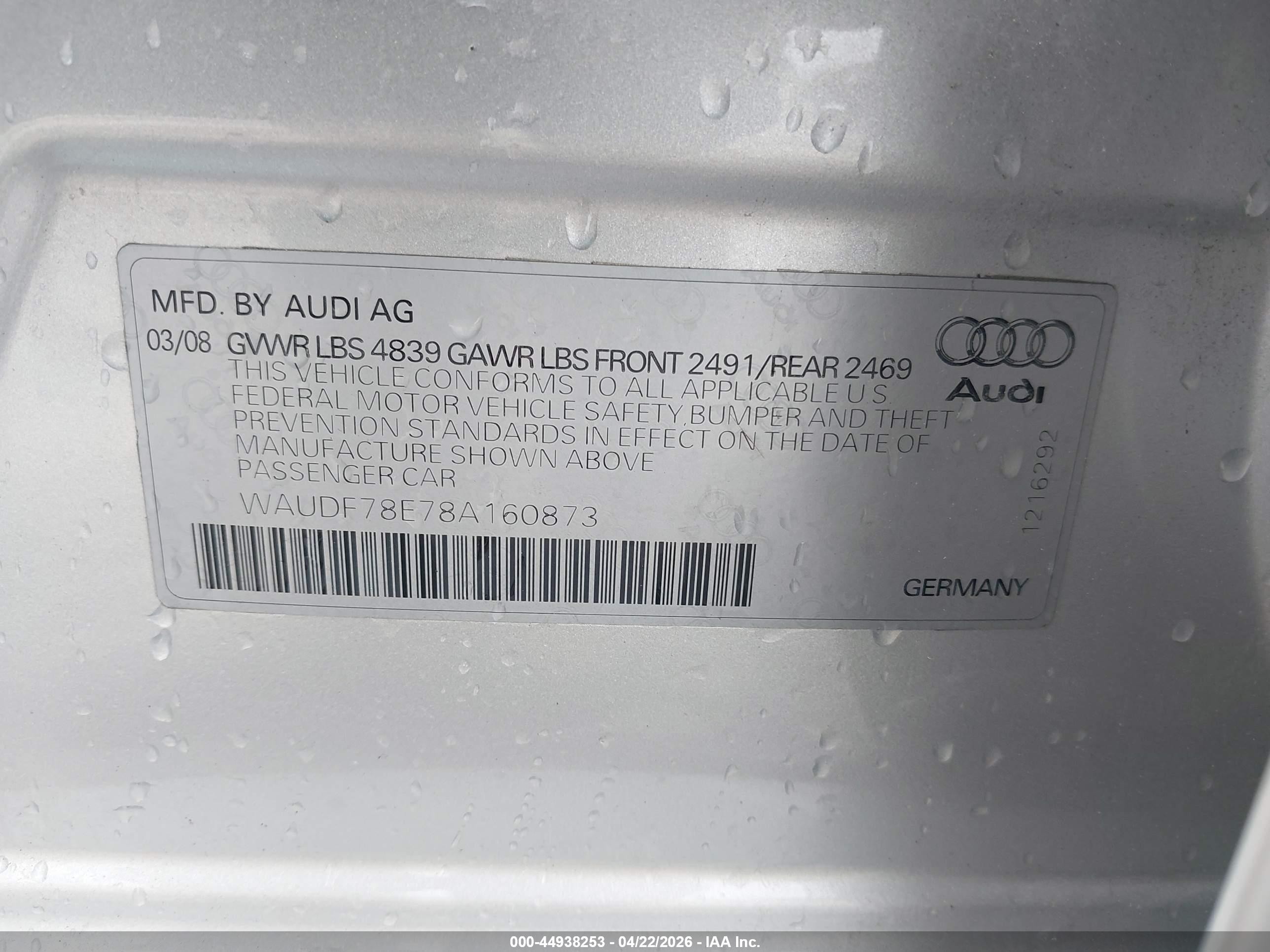 2008 Audi A4 2.0t/2.0t Special Edition Silver vin: WAUDF78E78A160873