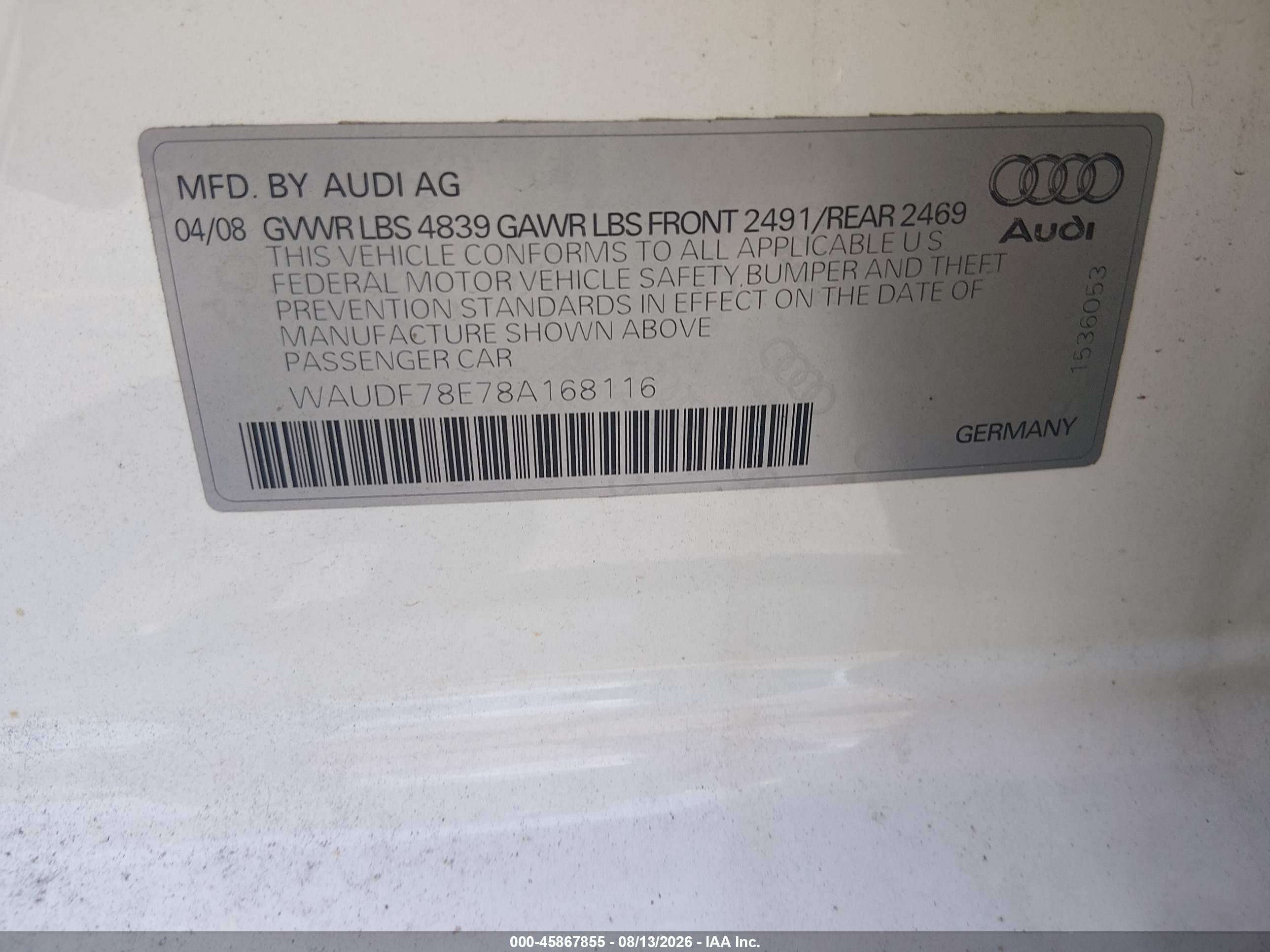2008 Audi A4 2.0t/2.0t Special Edition White vin: WAUDF78E78A168116