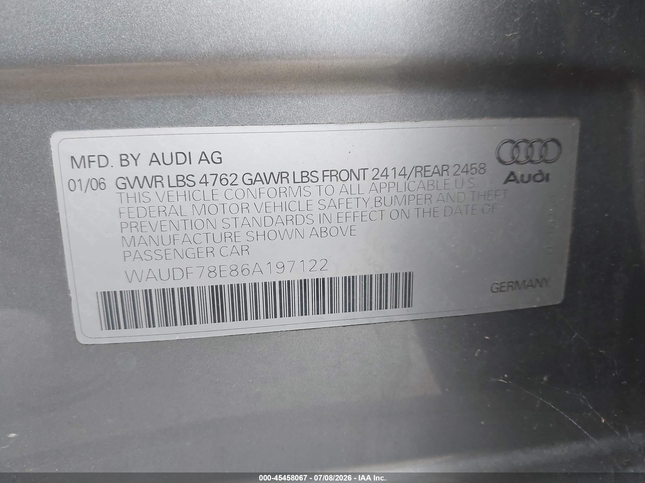 2006 Audi A4 2.0t Gray vin: WAUDF78E86A197122