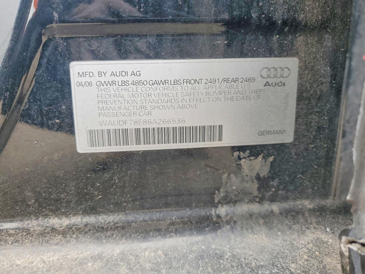 2006 Audi A4 2.0t Quattro Black vin: WAUDF78E86A266536