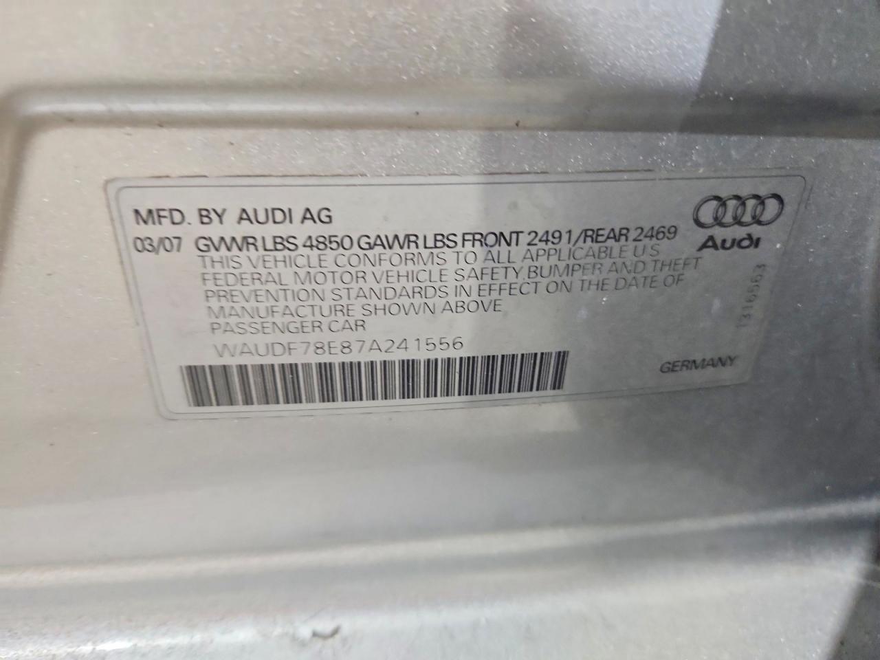 2007 Audi A4 2.0t Quattro Silver vin: WAUDF78E87A241556