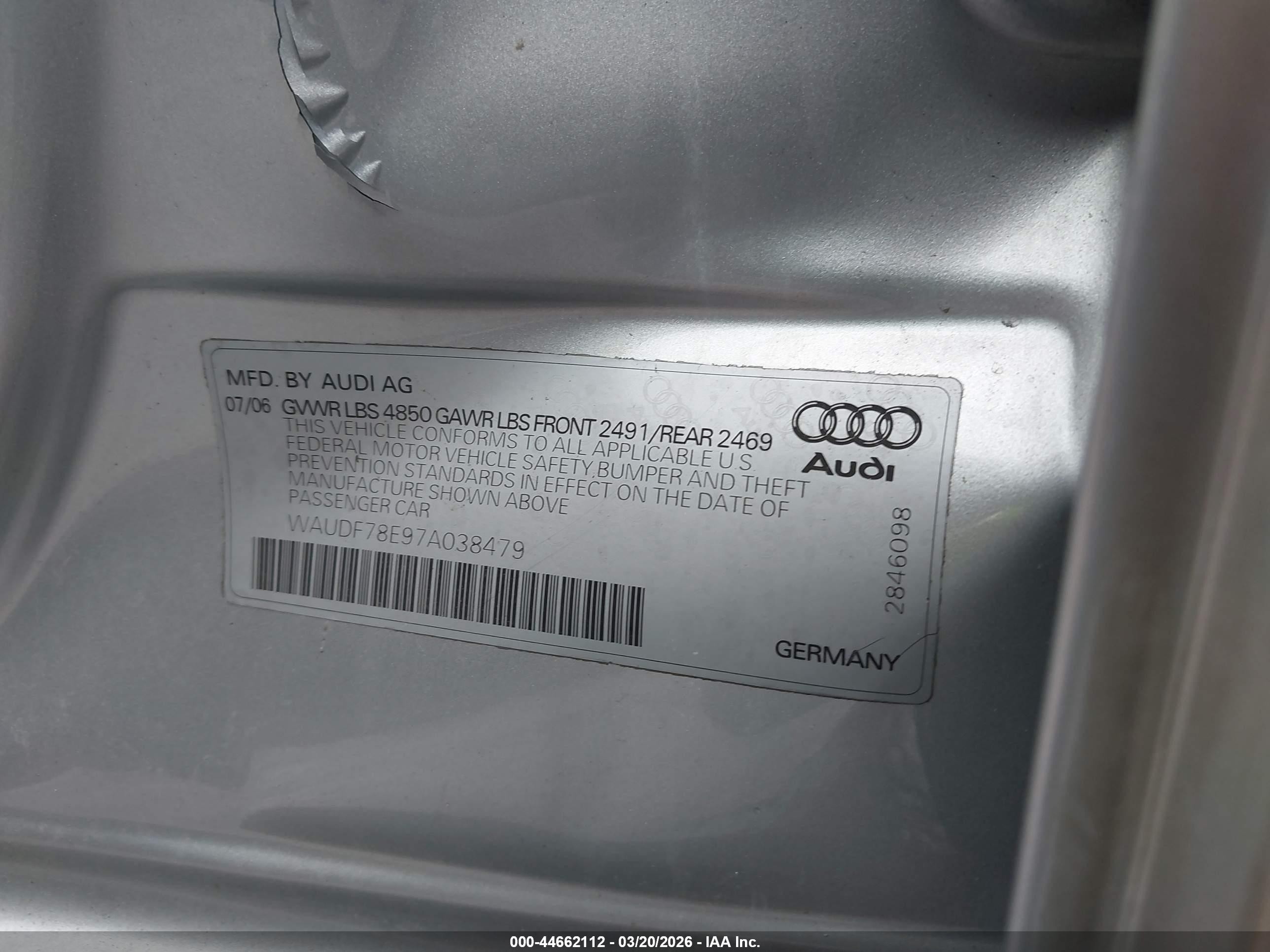 2007 Audi A4 2.0t Silver vin: WAUDF78E97A038479