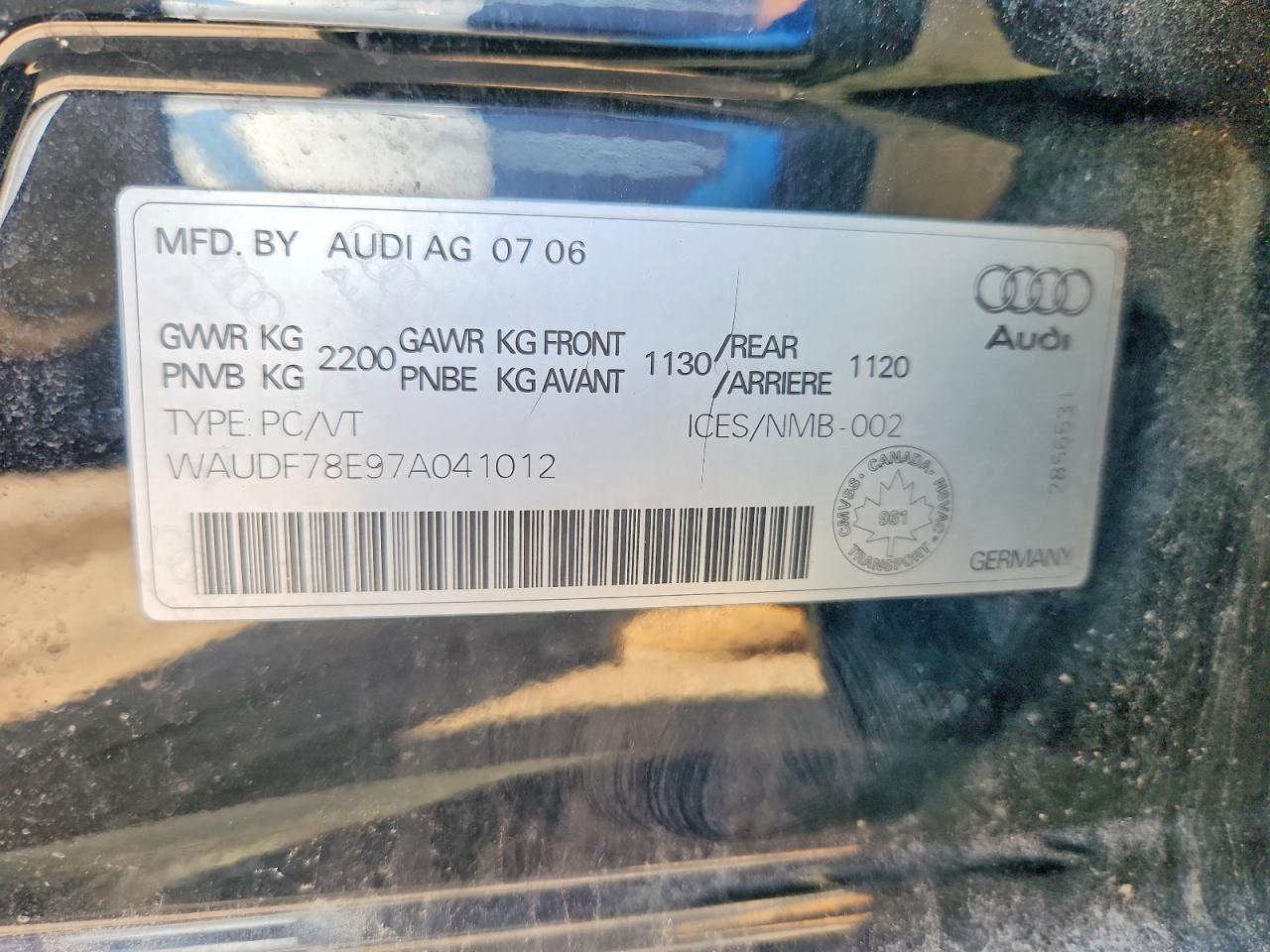2007 Audi A4 2.0t Quattro Black vin: WAUDF78E97A041012