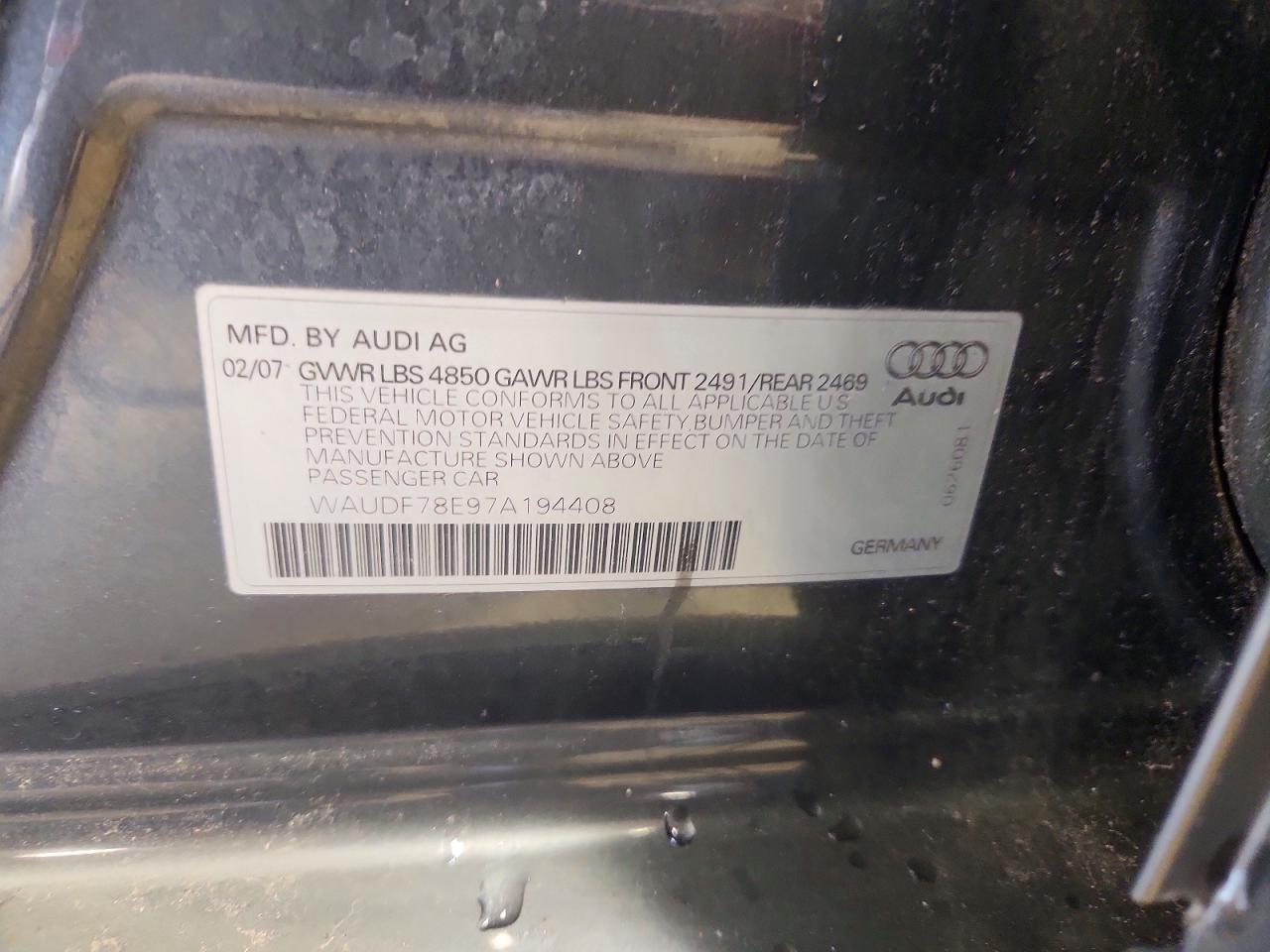 2007 Audi A4 2.0t Quattro Gray vin: WAUDF78E97A194408