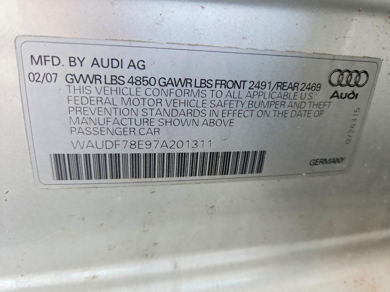 2007 Audi A4 2.0t Quattro Серебряный vin: WAUDF78E97A201311