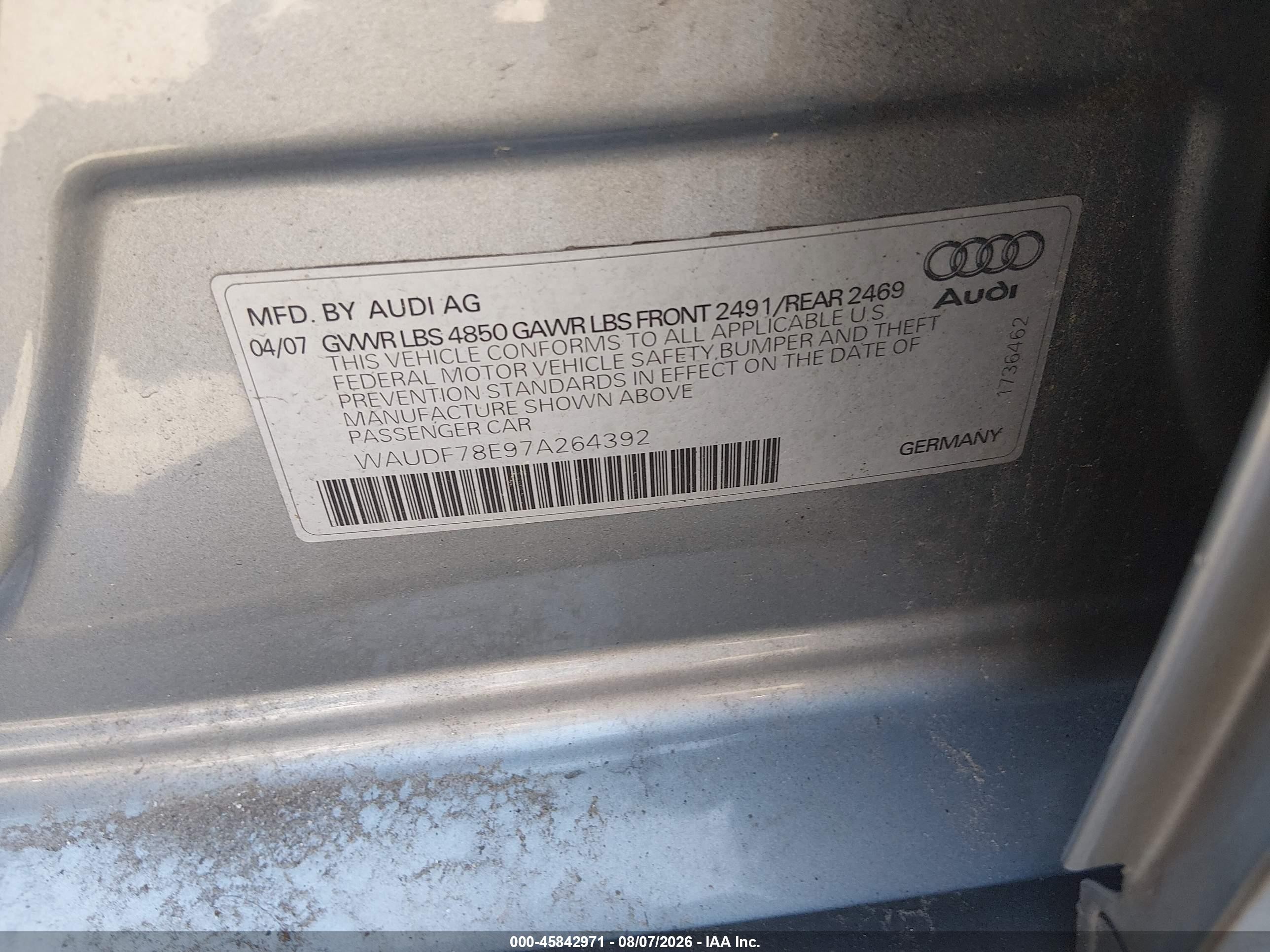 2007 Audi A4 2.0t Silver vin: WAUDF78E97A264392