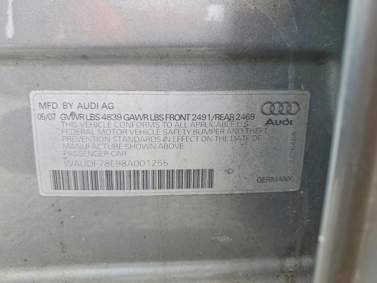 2008 Audi A4 2.0t Quattro Silver vin: WAUDF78E98A001255