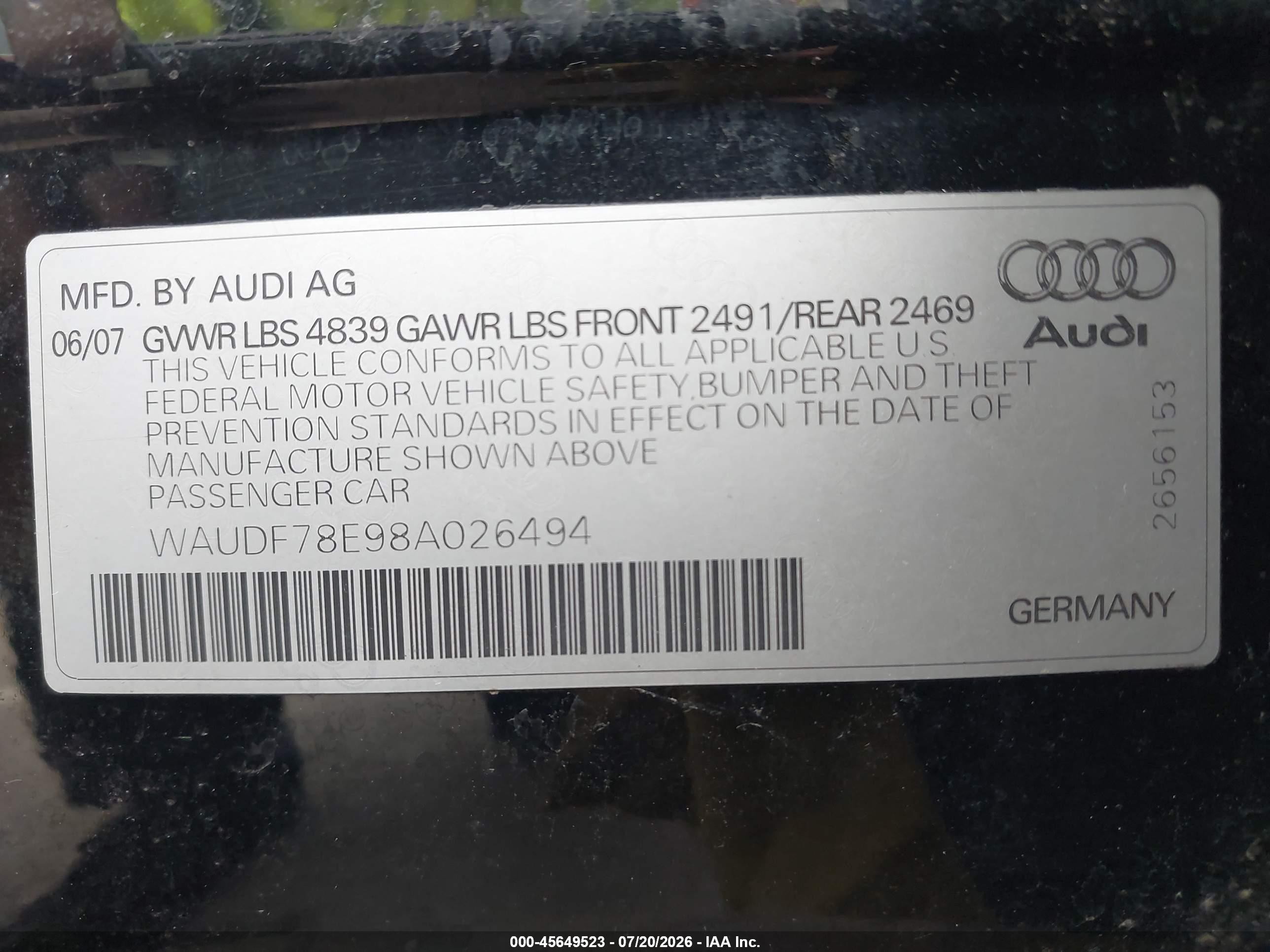 2008 Audi A4 2.0t Black vin: WAUDF78E98A026494