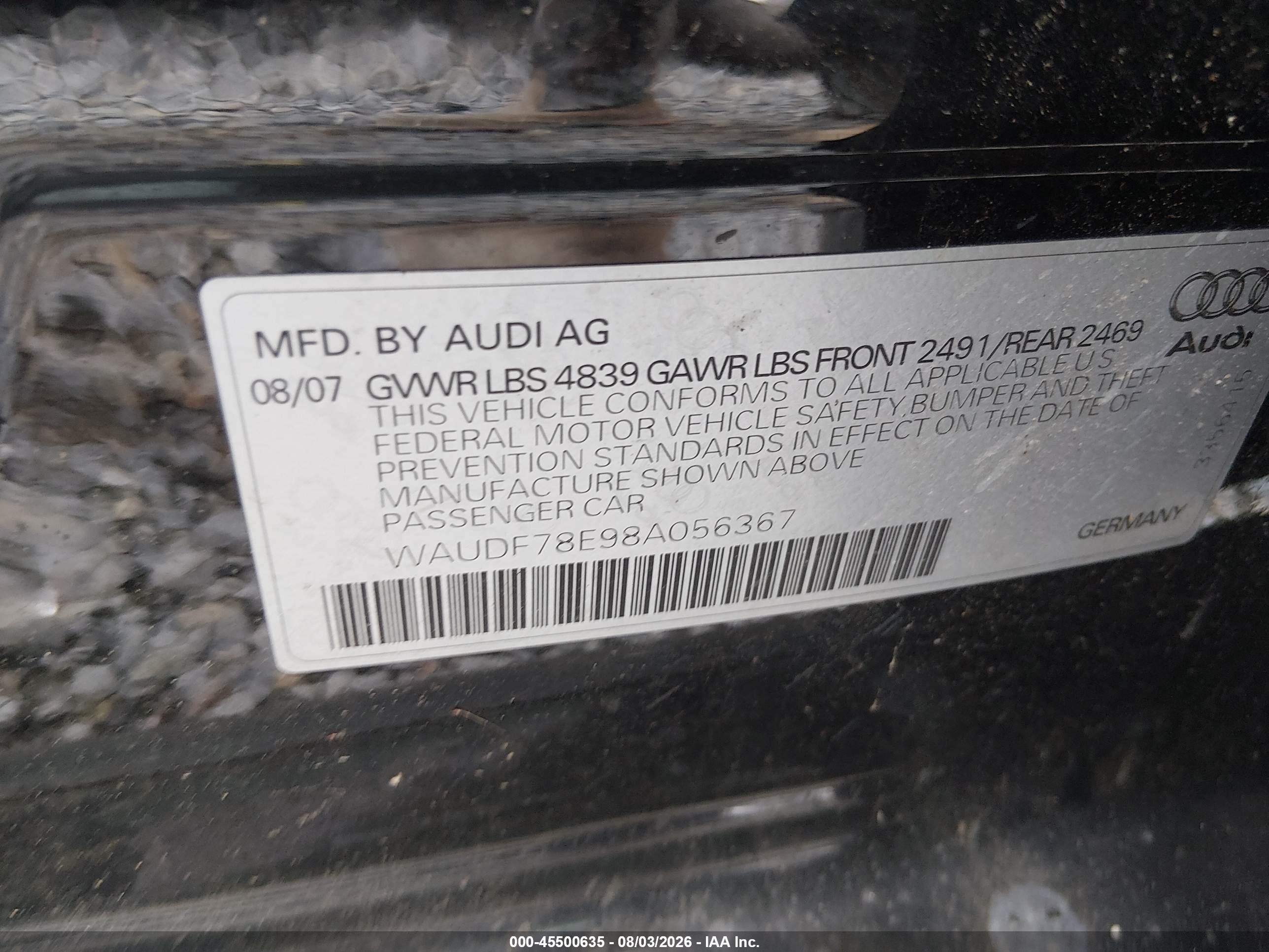 2008 Audi A4 2.0t Черный vin: WAUDF78E98A056367