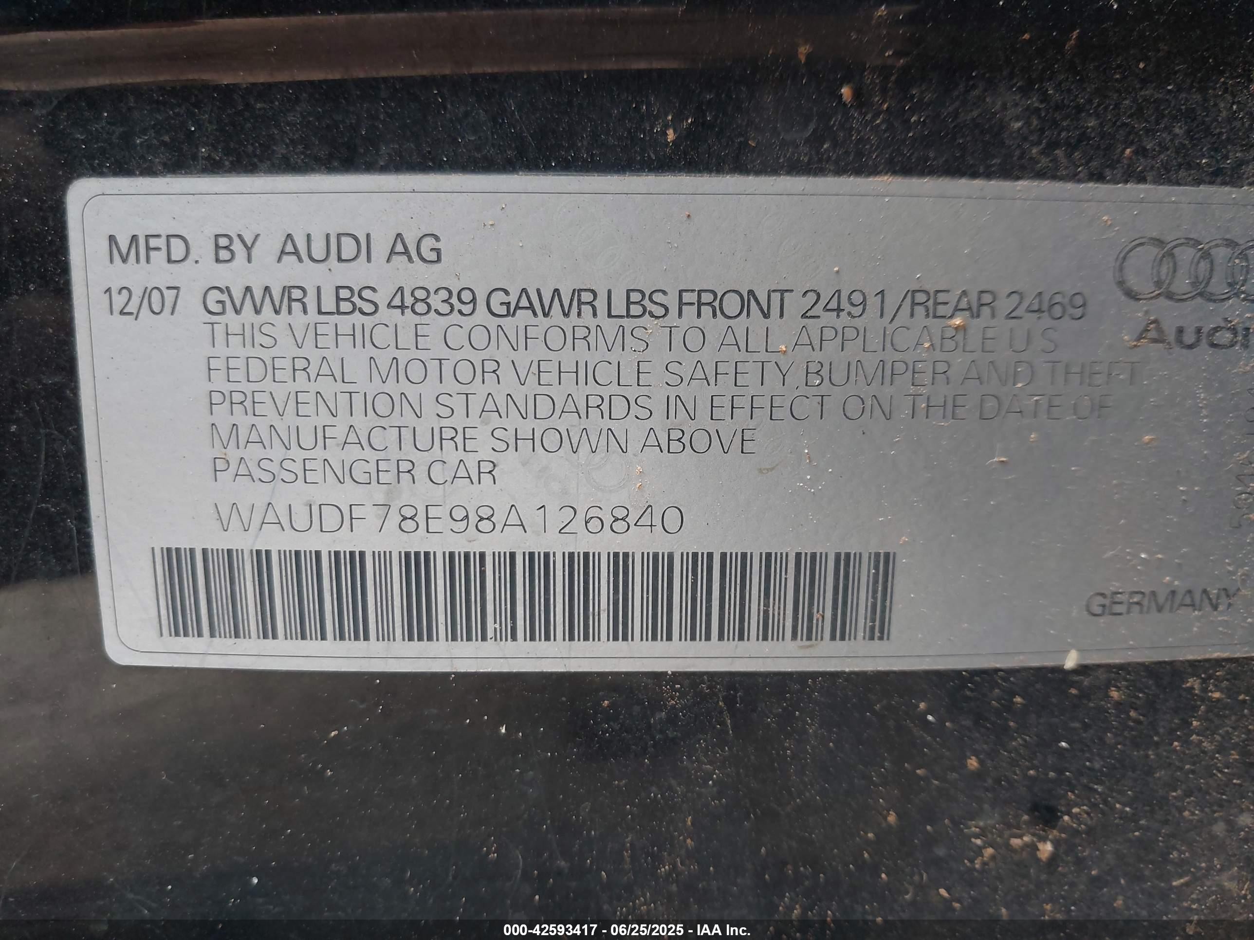 2008 Audi A4 2.0t Black vin: WAUDF78E98A126840
