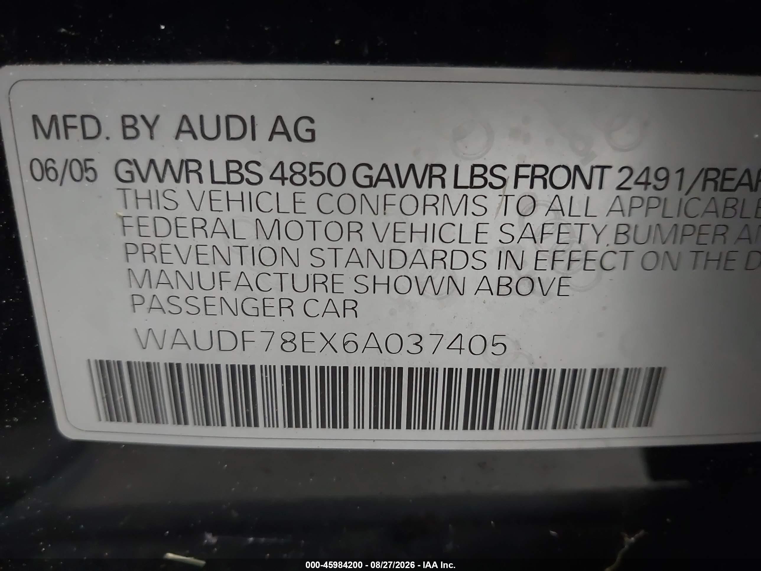 2006 Audi A4 2.0t Black vin: WAUDF78EX6A037405