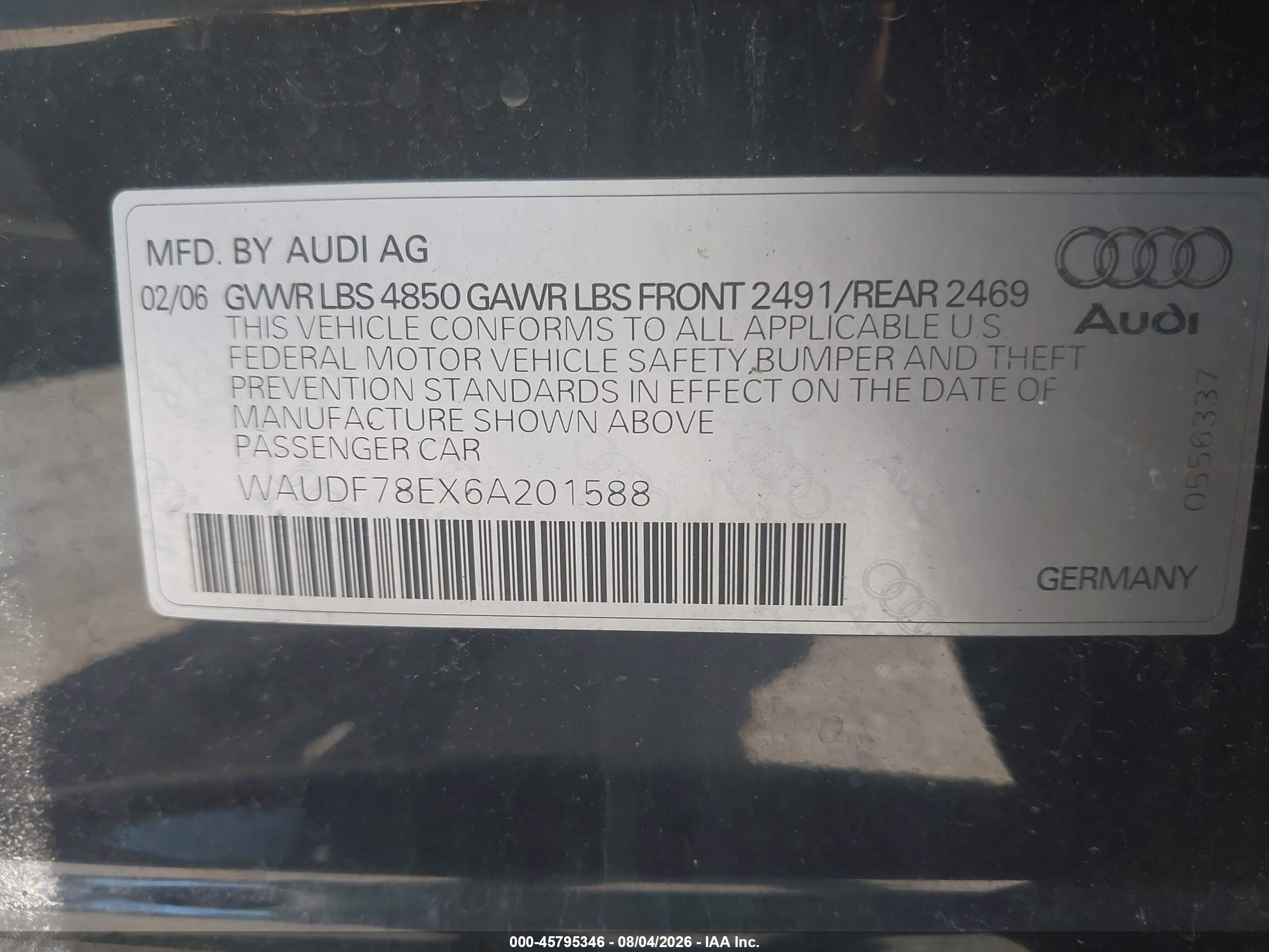 2006 Audi A4 2.0t Черный vin: WAUDF78EX6A201588