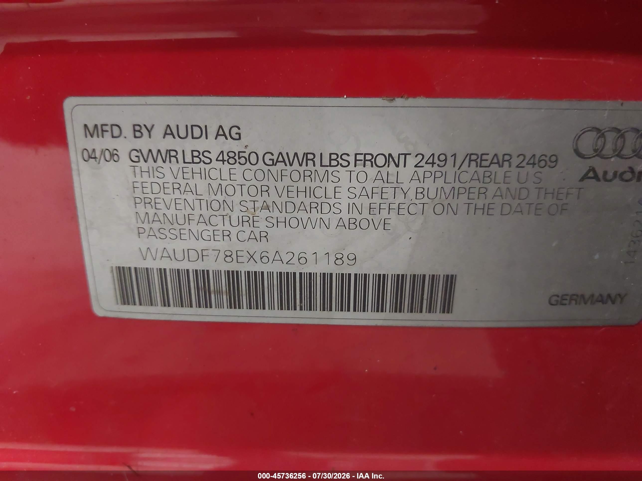 2006 Audi A4 2.0t Red vin: WAUDF78EX6A261189