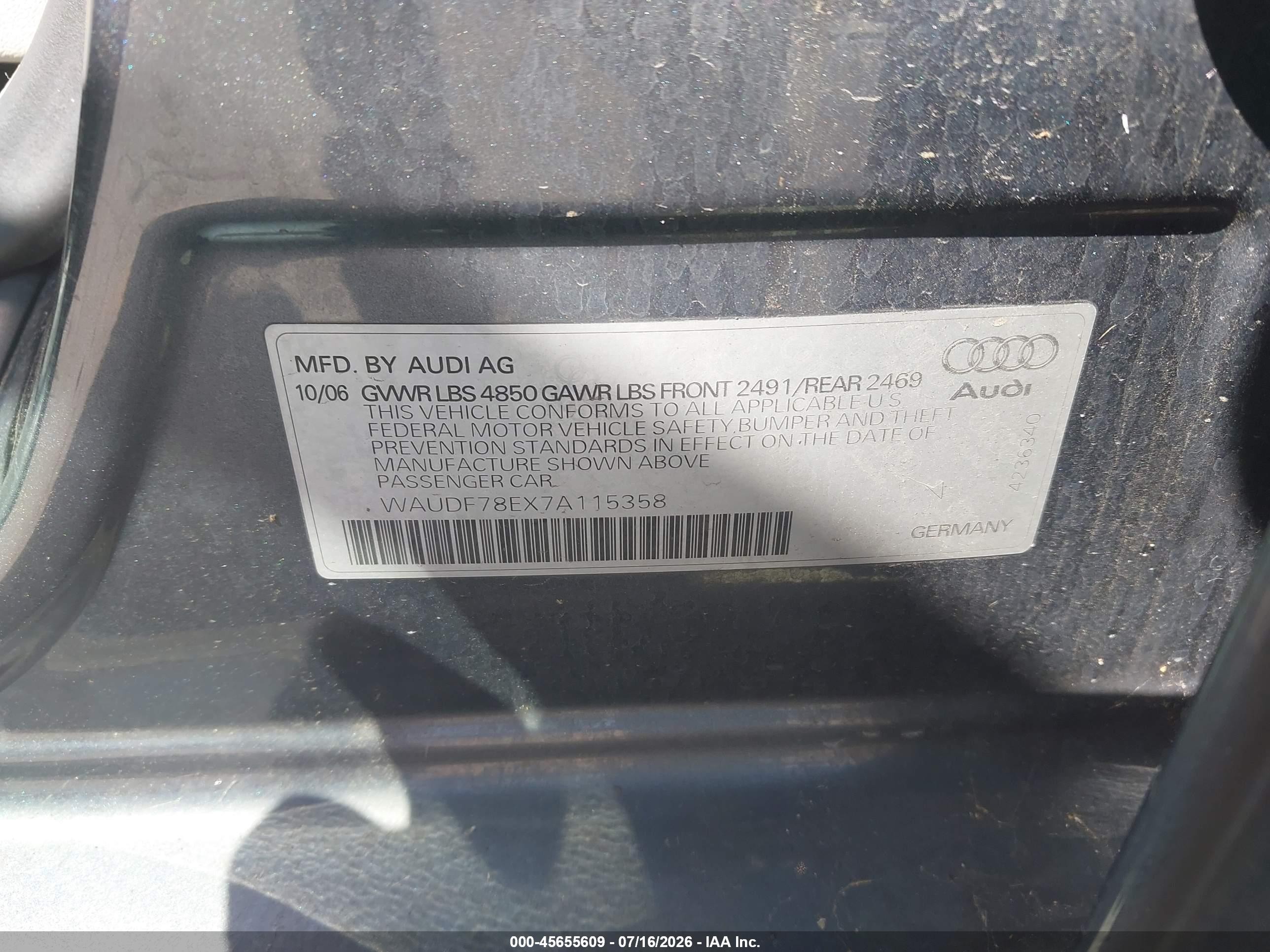 2007 Audi A4 2.0t Gray vin: WAUDF78EX7A115358