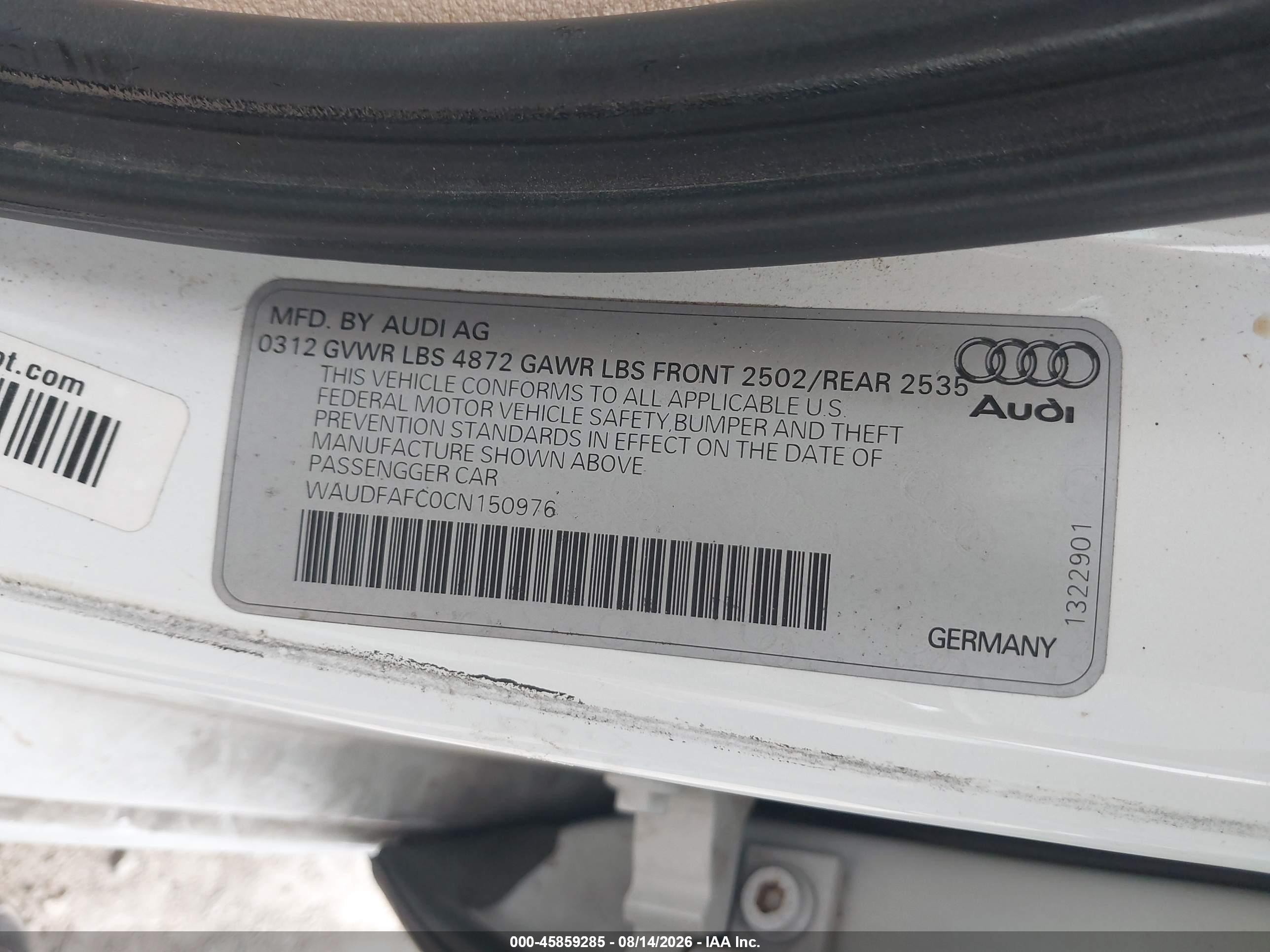 2012 Audi A6 2.0t Premium Plus White vin: WAUDFAFC0CN150976