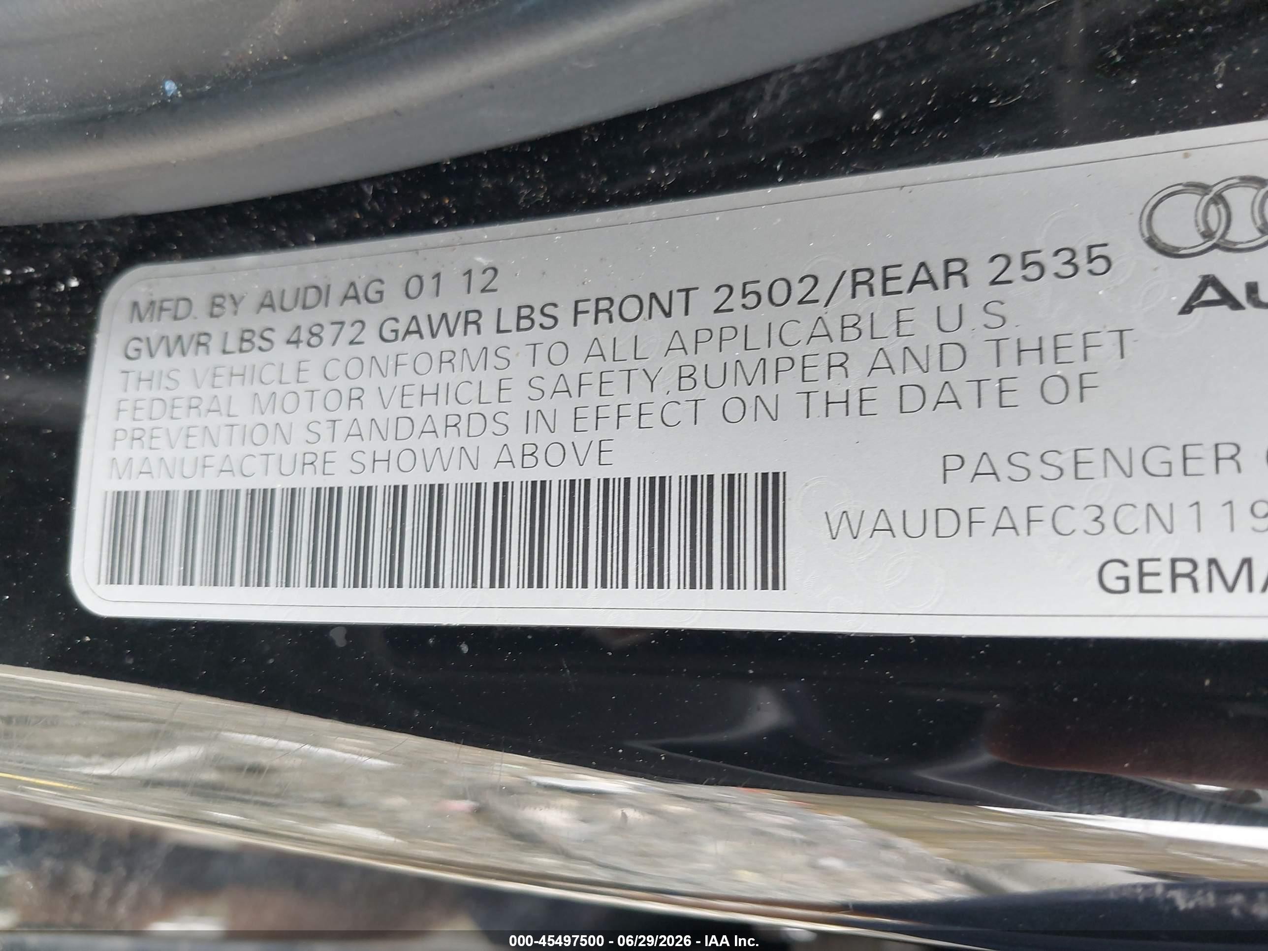 2012 Audi A6 2.0t Premium Plus Black vin: WAUDFAFC3CN119219