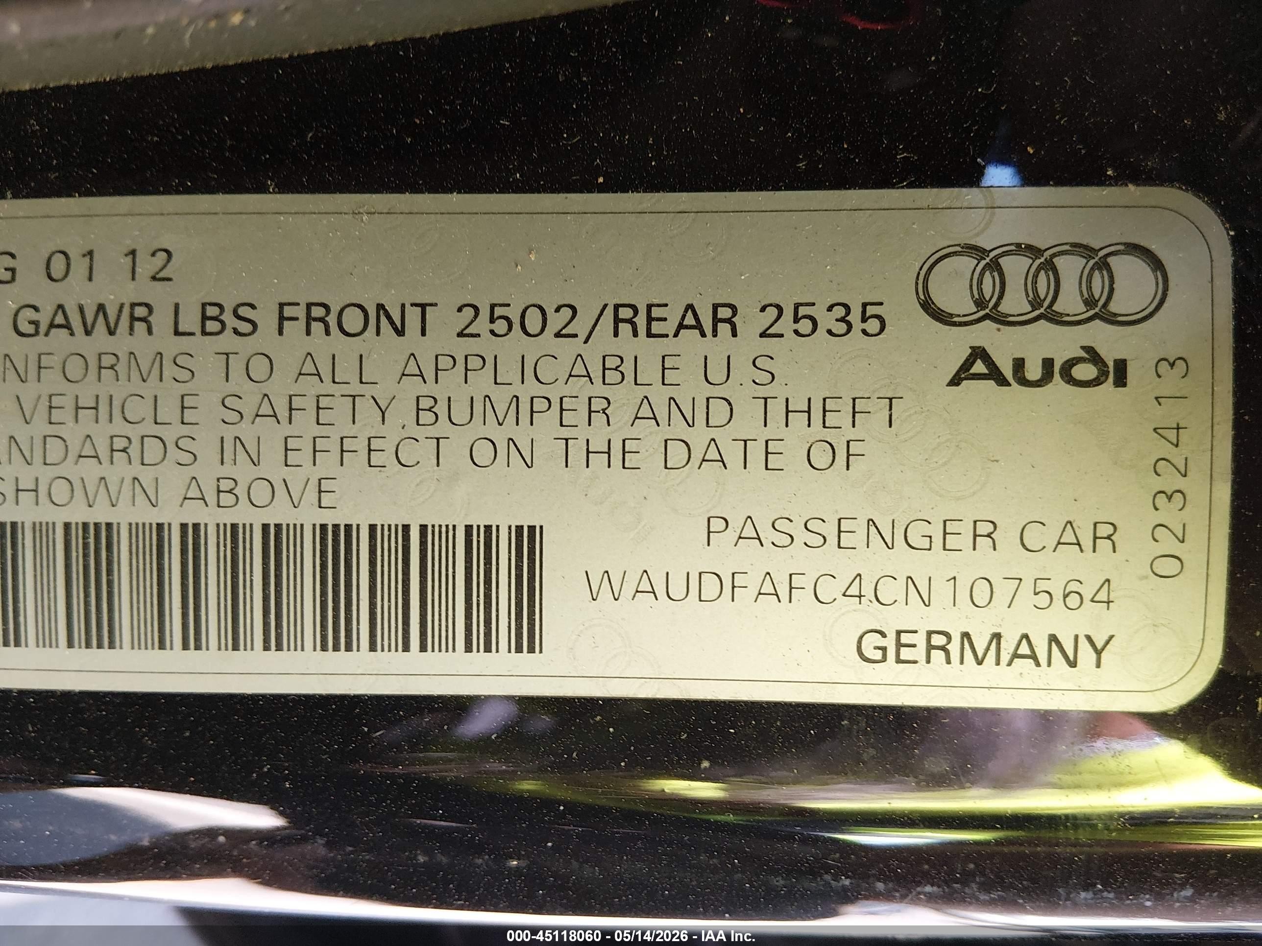 2012 Audi A6 2.0t Premium Black vin: WAUDFAFC4CN107564