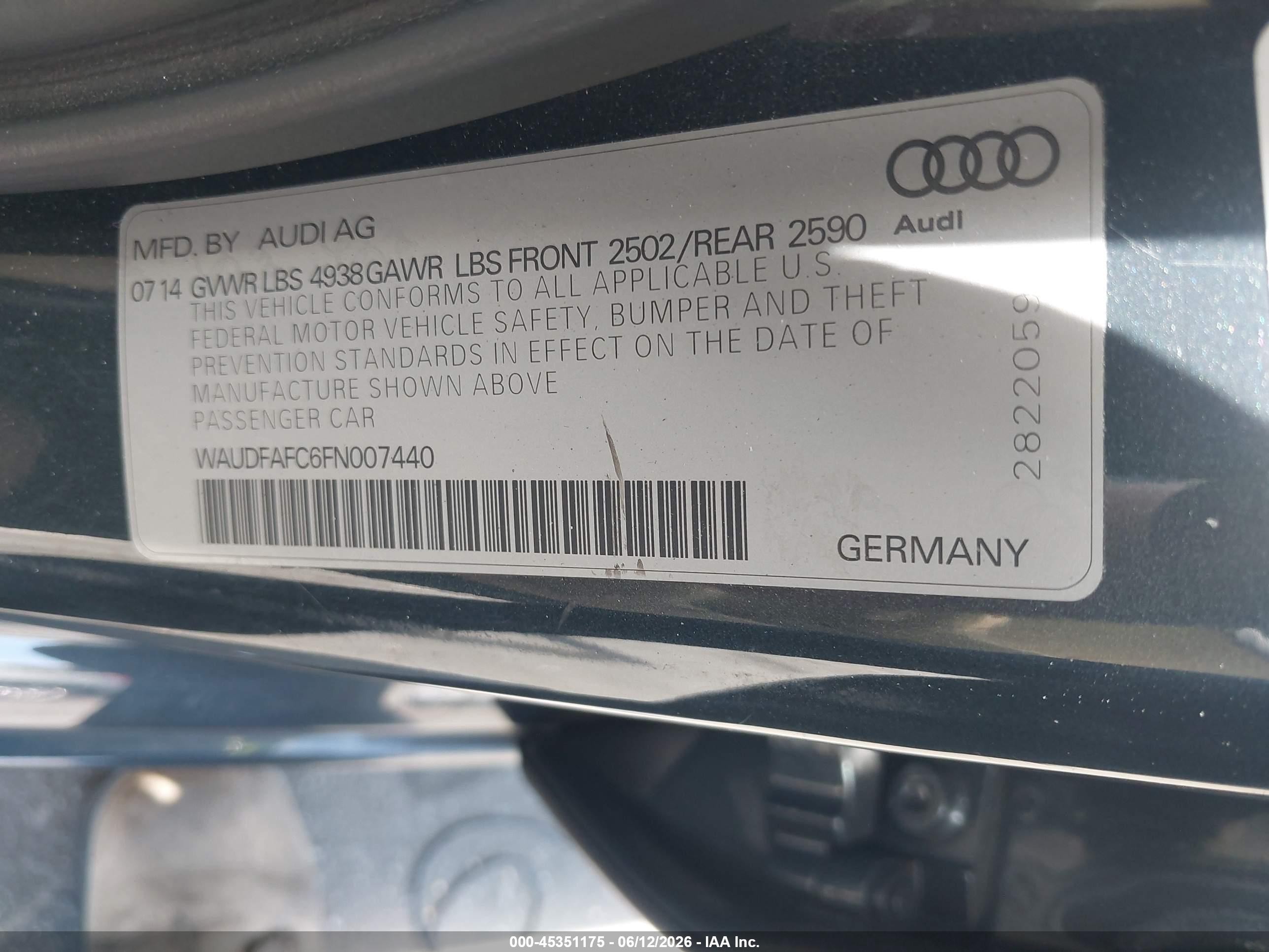 2015 Audi A6 2.0t Premium Blue vin: WAUDFAFC6FN007440