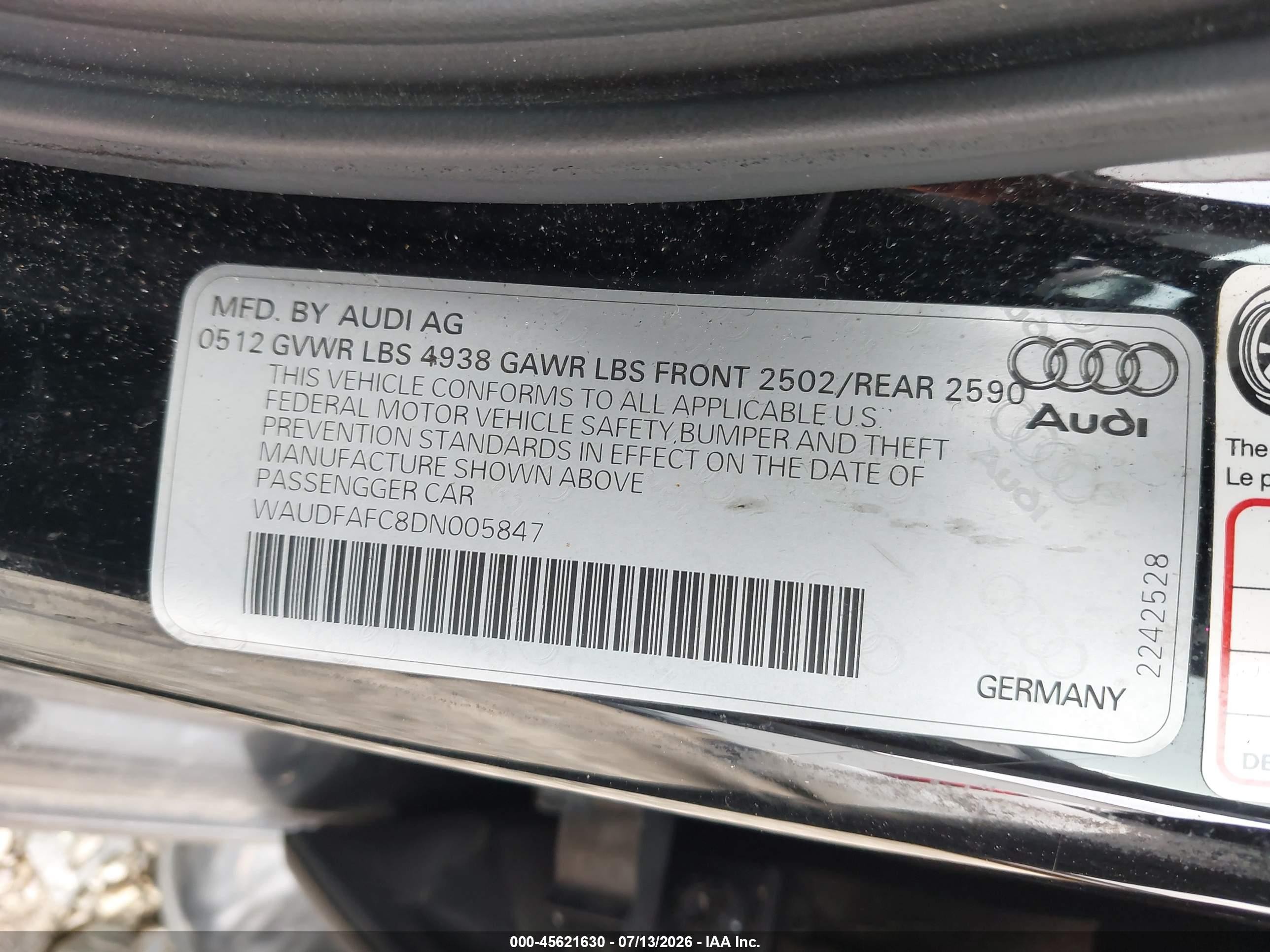 2013 Audi A6 2.0t Premium Black vin: WAUDFAFC8DN005847