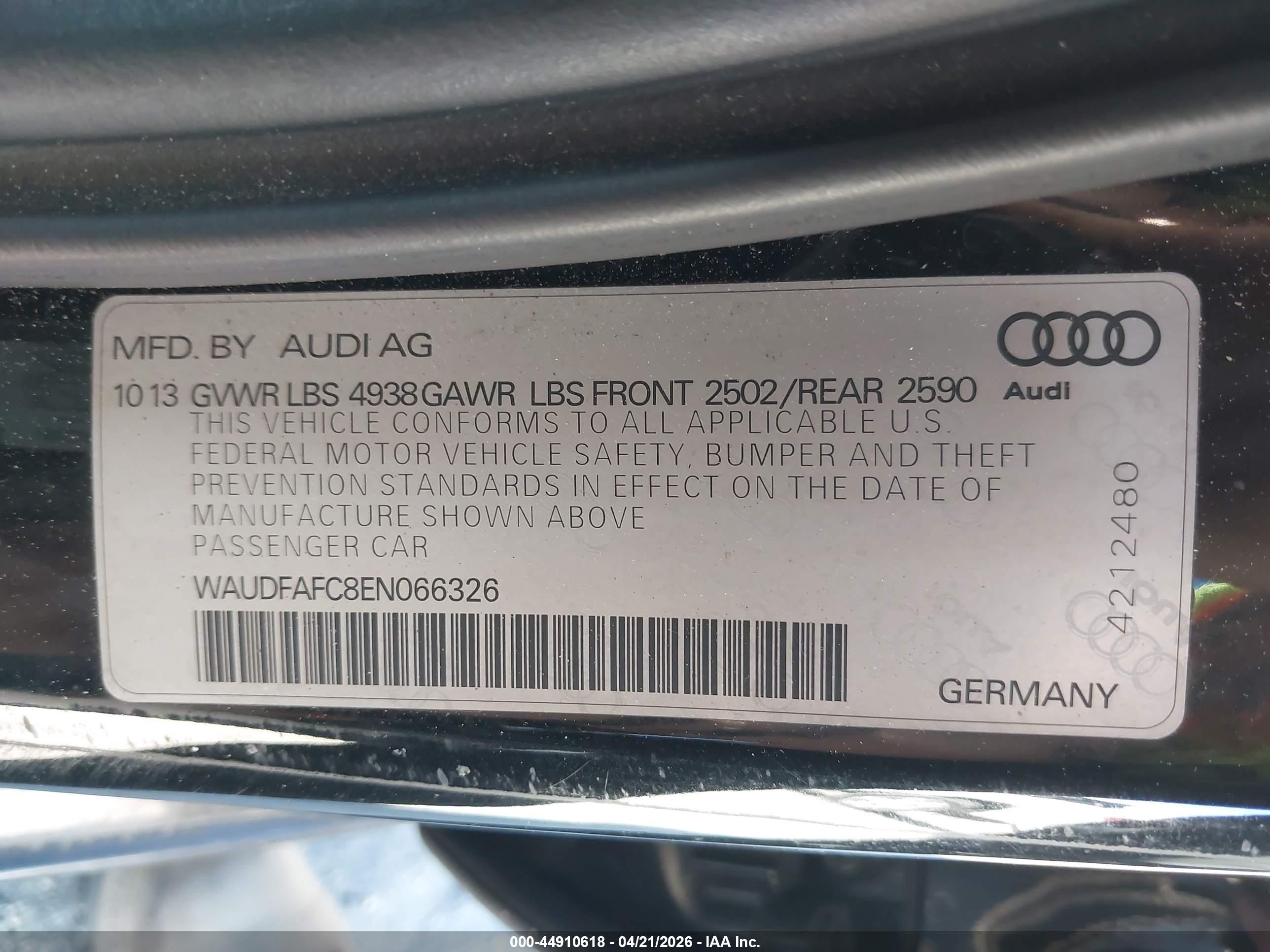 2014 Audi A6 2.0t Premium Black vin: WAUDFAFC8EN066326