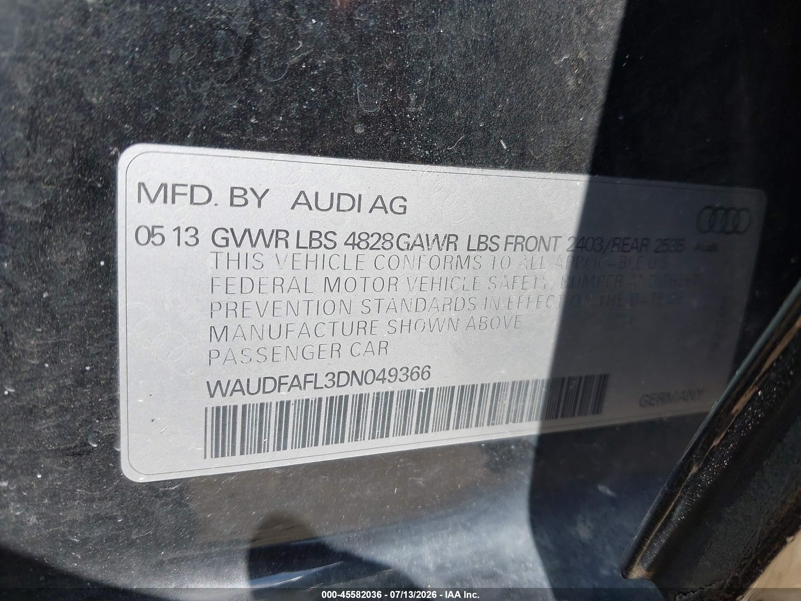 2013 Audi A4 2.0t Premium Black vin: WAUDFAFL3DN049366