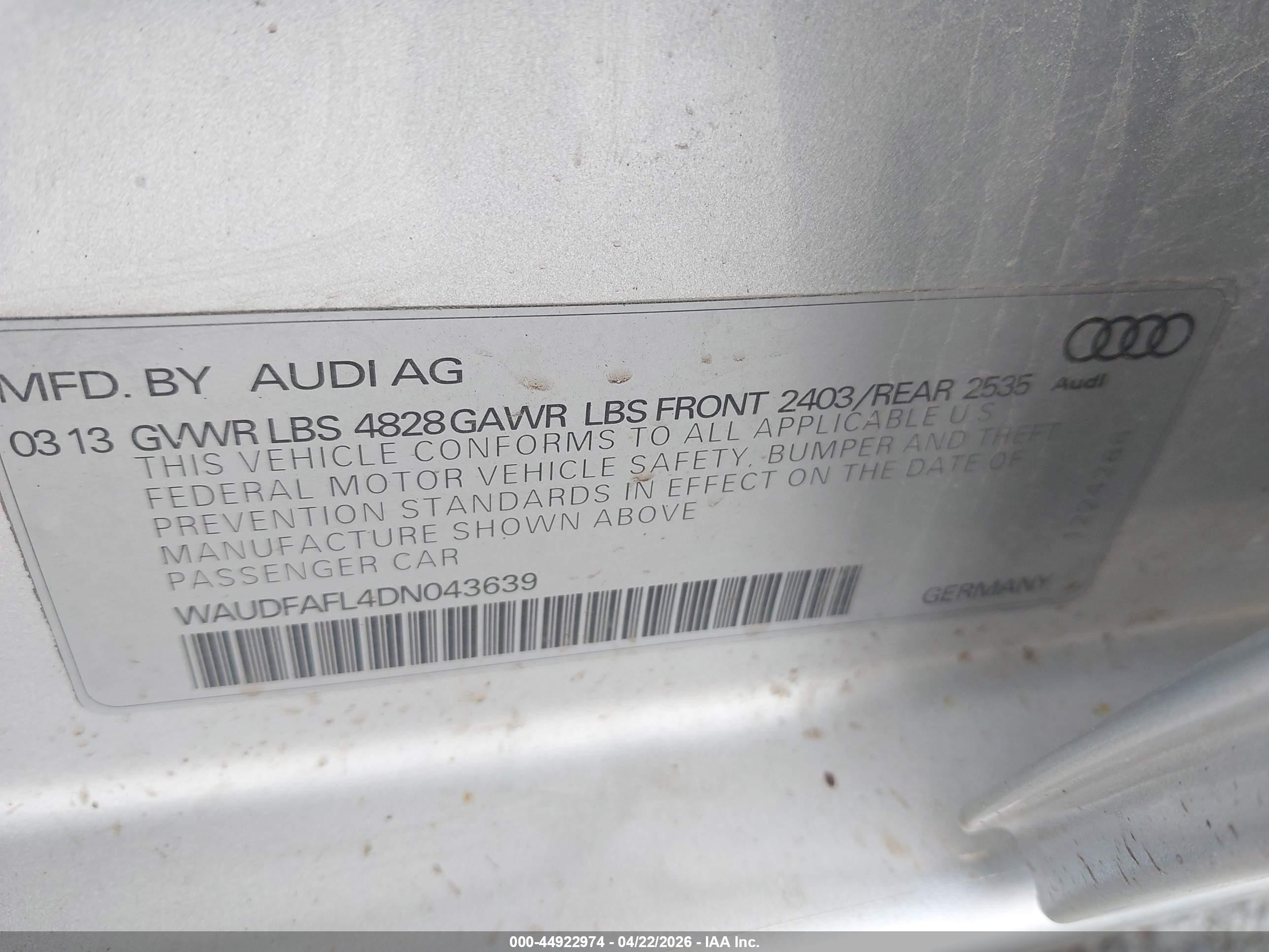 2013 Audi A4 2.0t Premium Silver vin: WAUDFAFL4DN043639