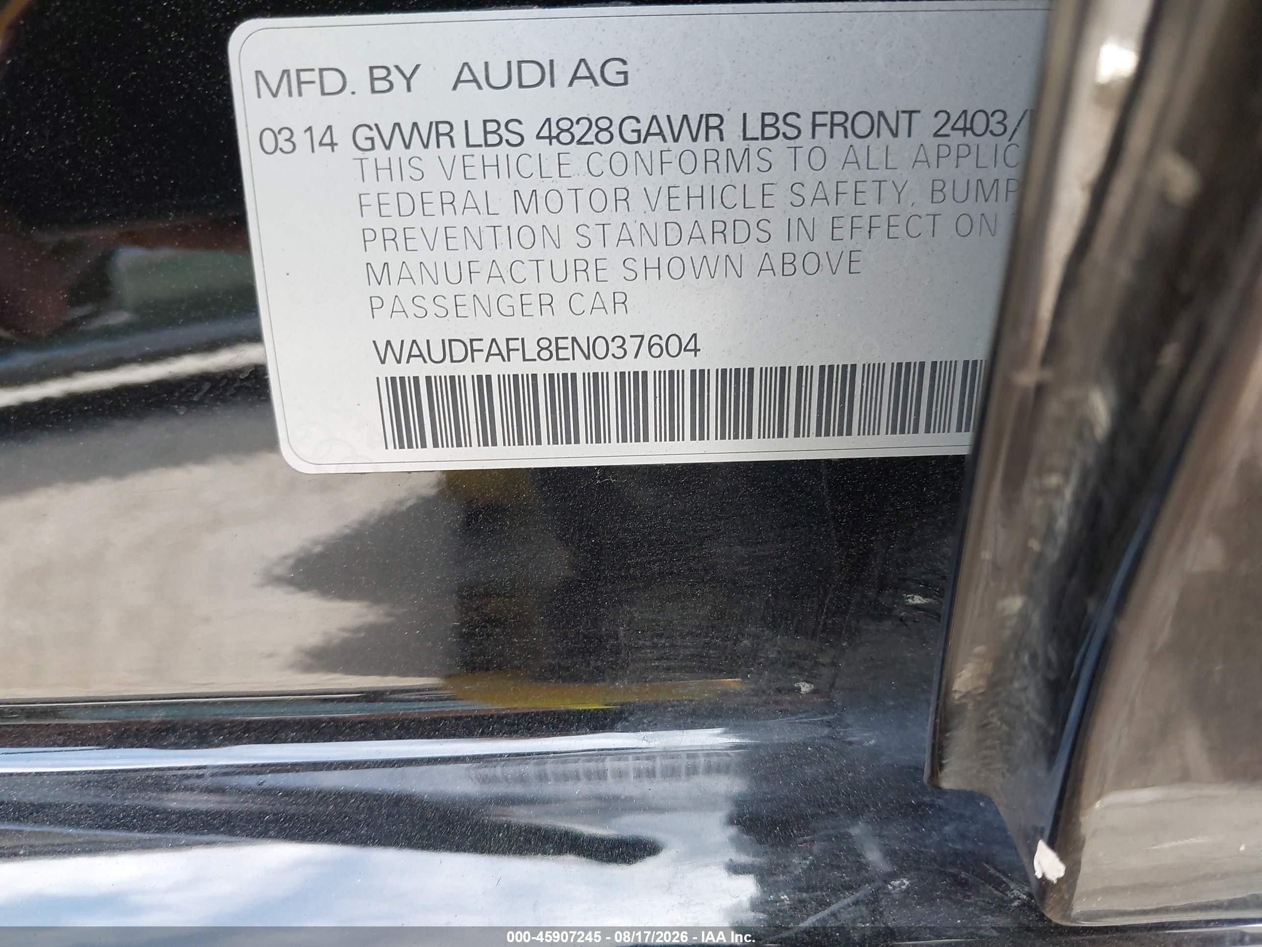 2014 Audi A4 2.0t Premium Black vin: WAUDFAFL8EN037604