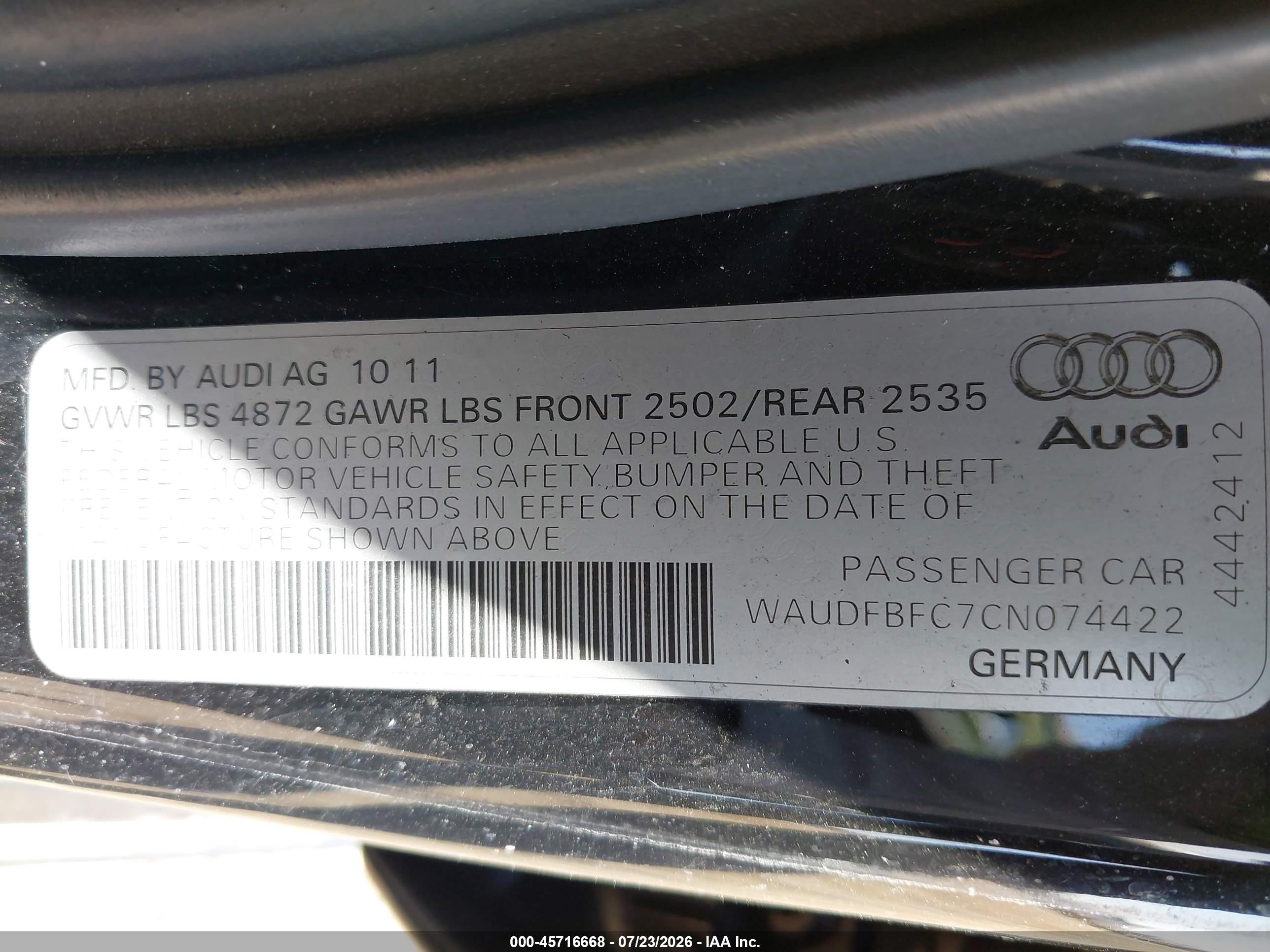 2012 Audi A6 2.0t Premium Plus Black vin: WAUDFBFC7CN074422