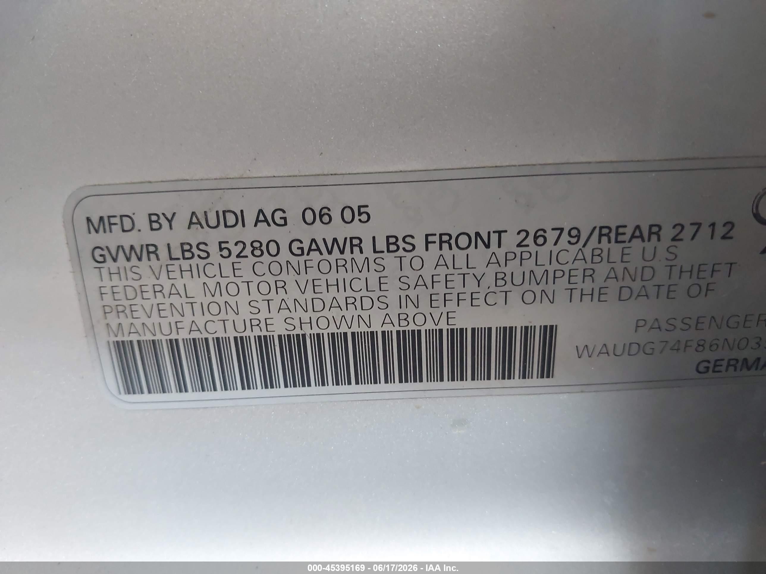 2006 Audi A6 3.2 Silver vin: WAUDG74F86N039528