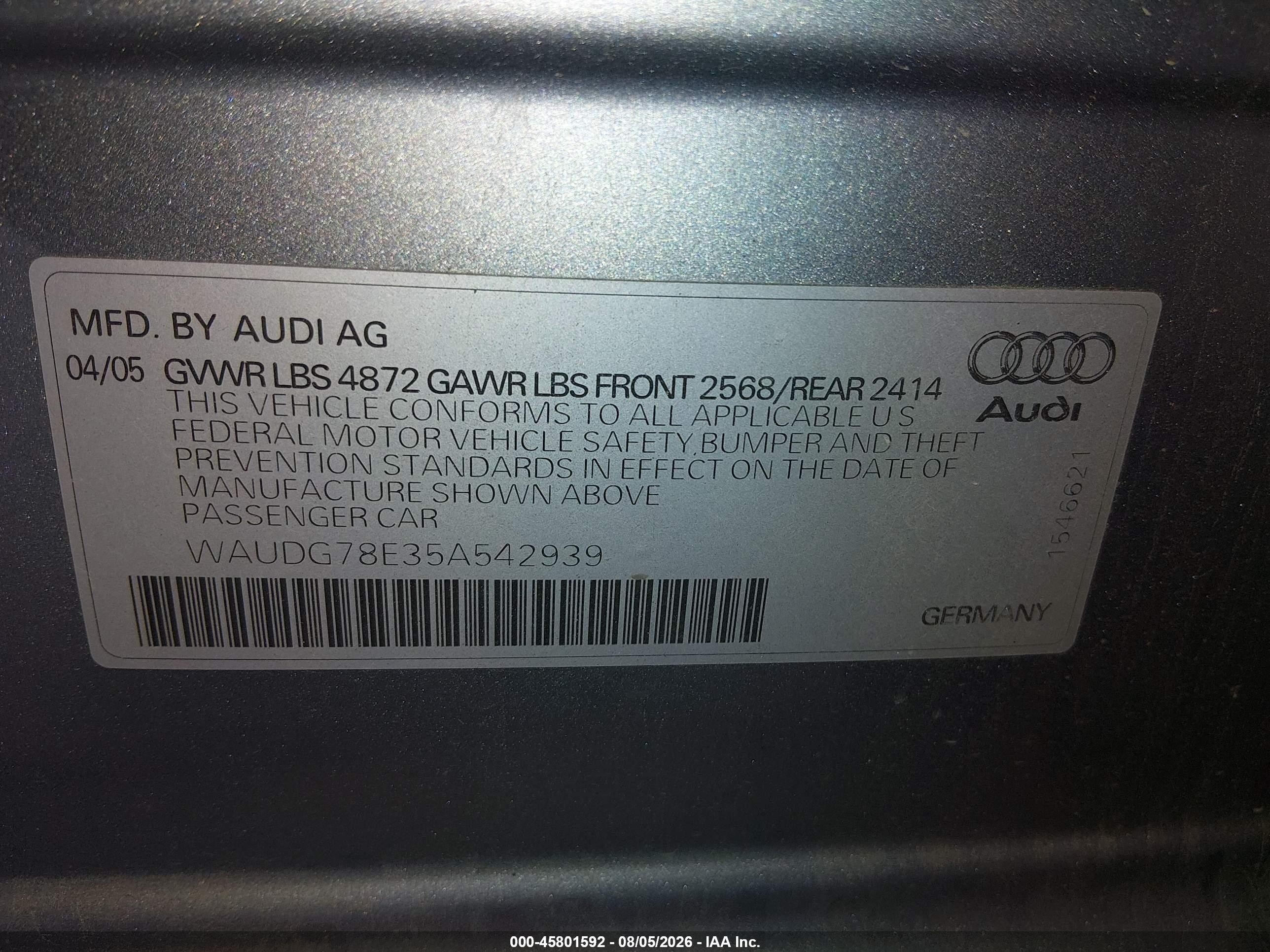 2005 Audi A4 3.2 Silver vin: WAUDG78E35A542939