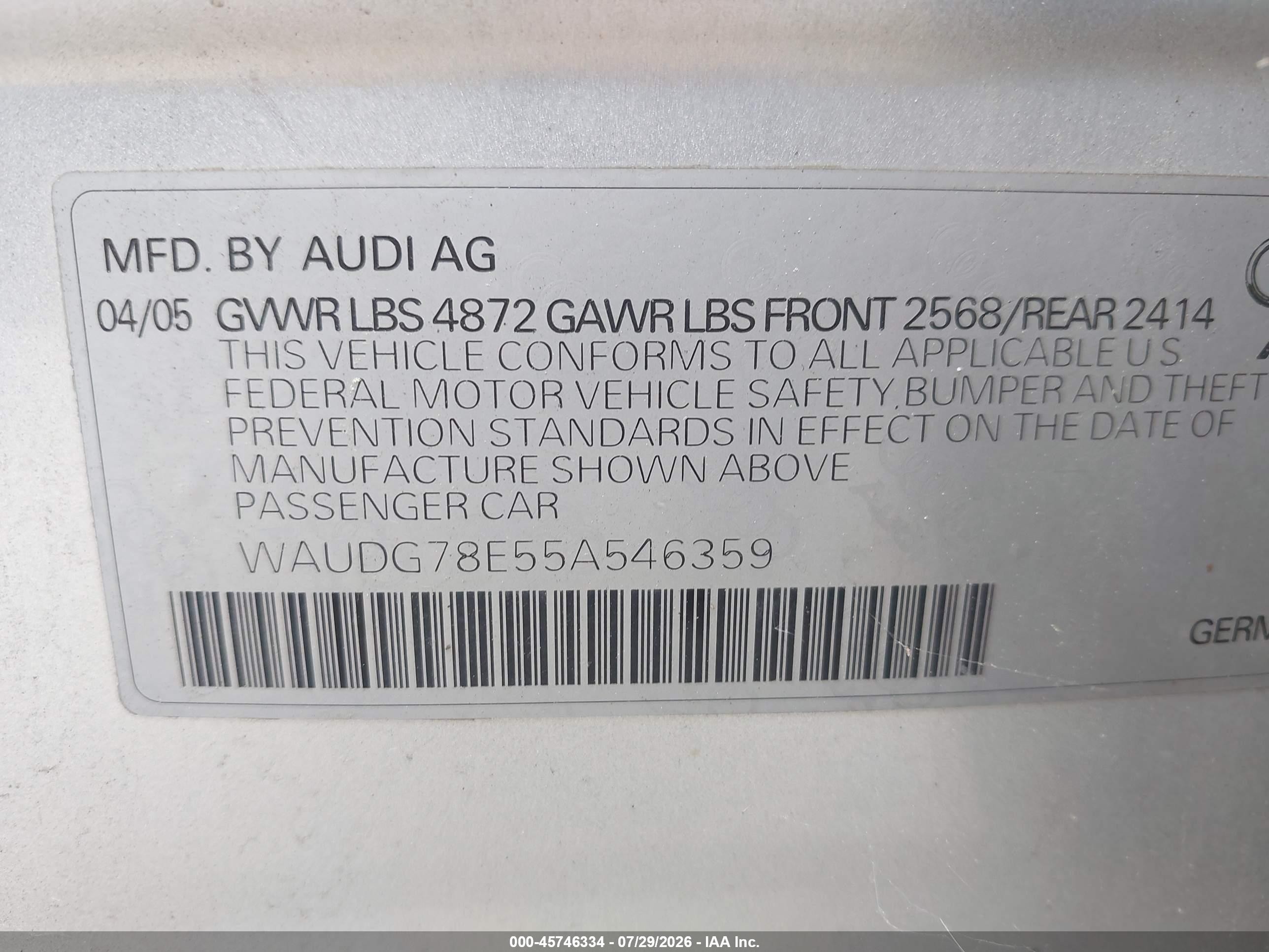 2005 Audi A4 3.2 Silver vin: WAUDG78E55A546359