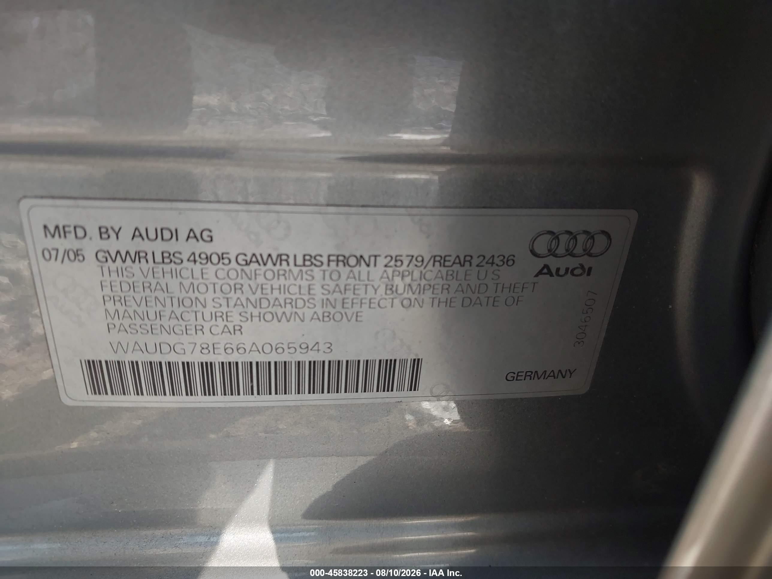 2006 Audi A4 3.2 Gray vin: WAUDG78E66A065943