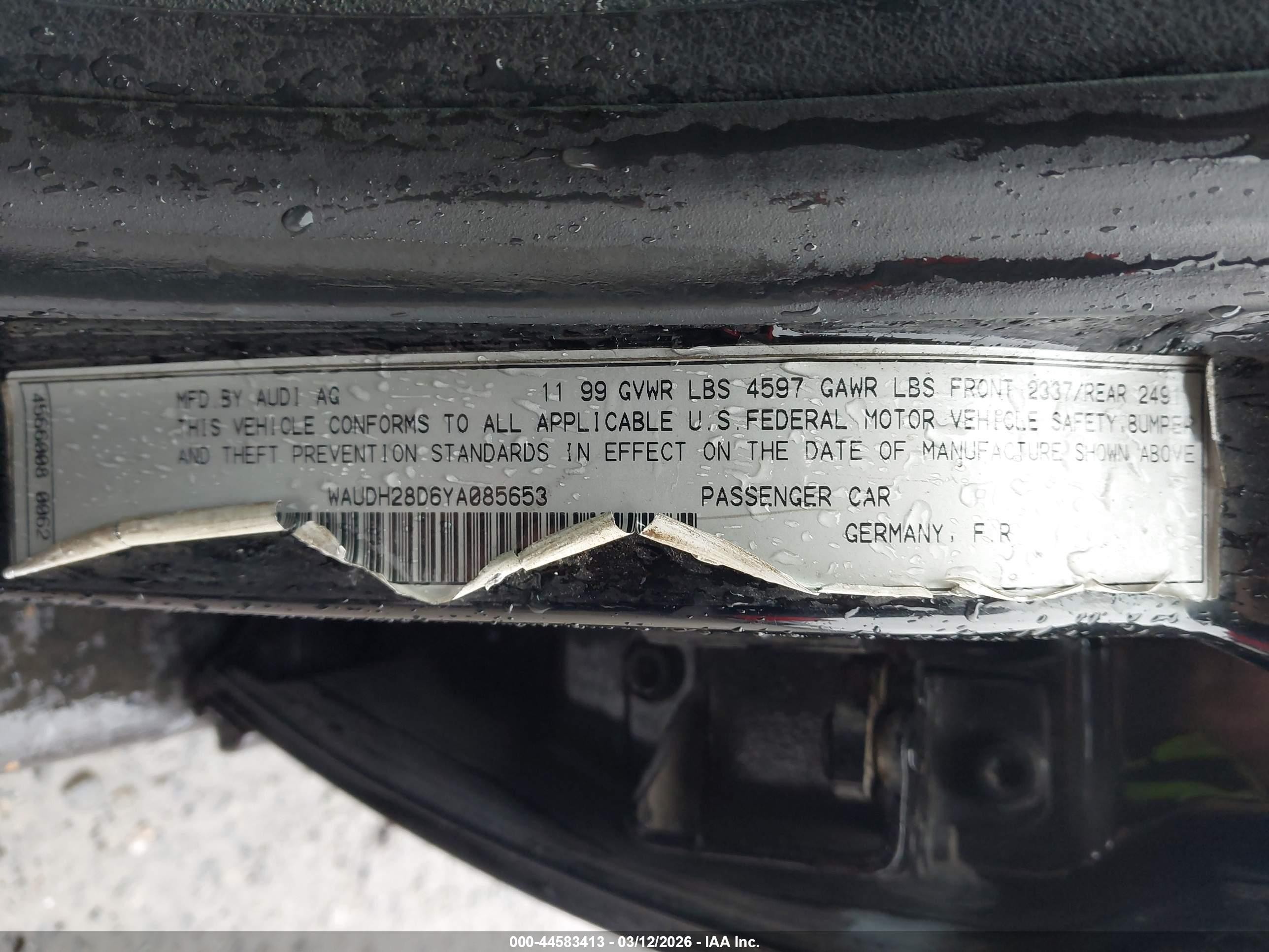2000 Audi A4 2.8 Черный vin: WAUDH28D6YA085653