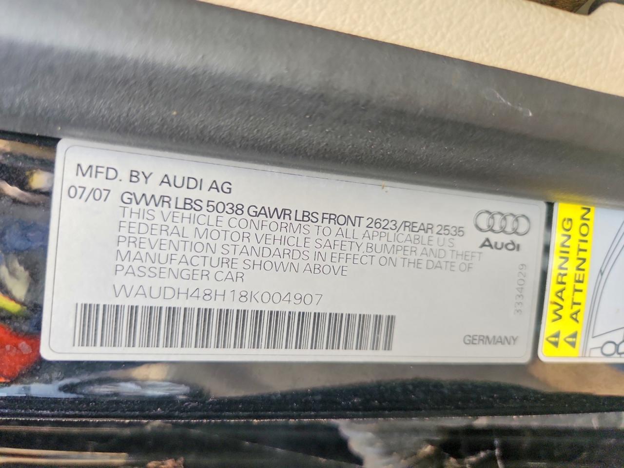 2008 Audi A4 3.2 Cabriolet Quattro Charcoal vin: WAUDH48H18K004907